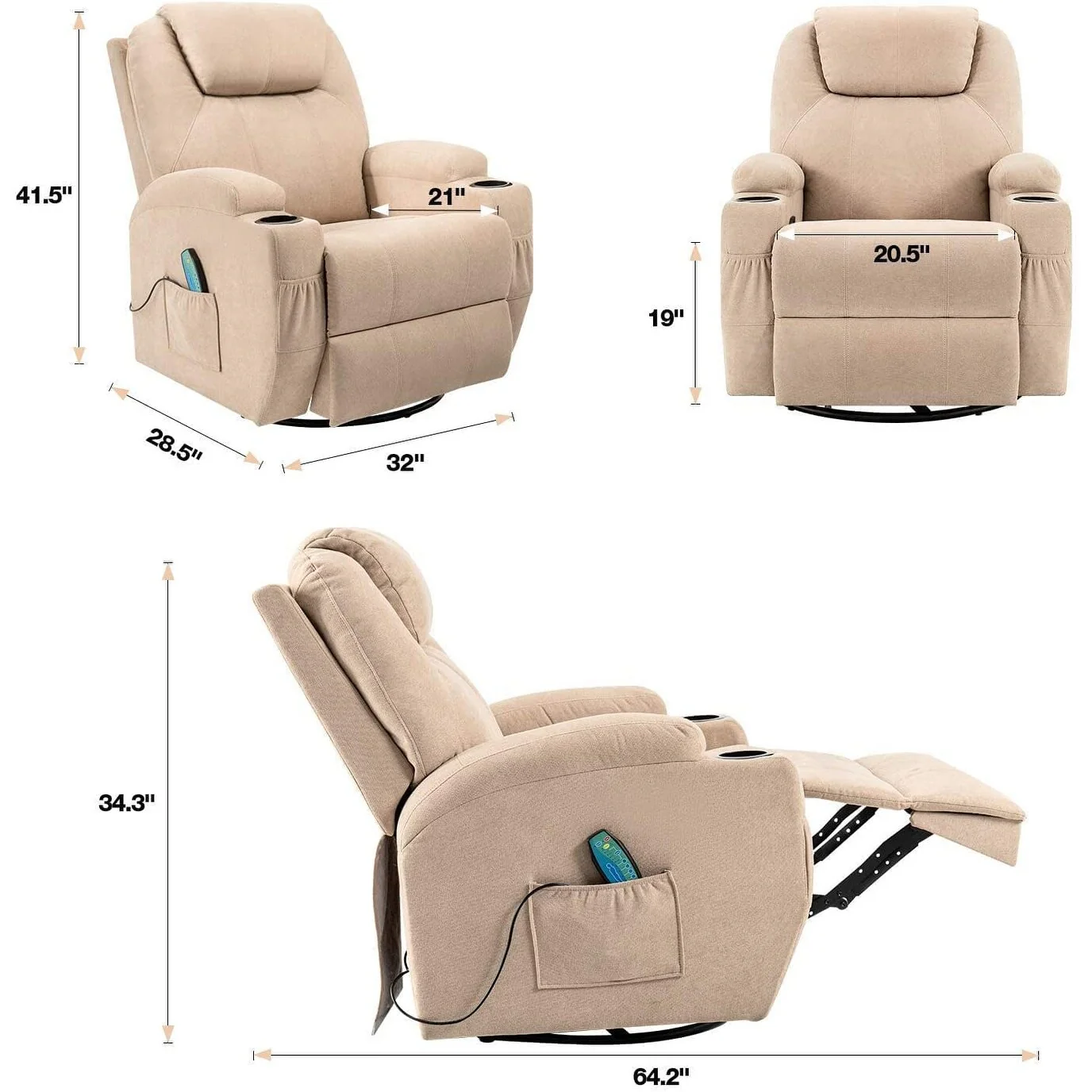 Furniwell Rotary Massage Heated Function Recliner Fabric Whirl