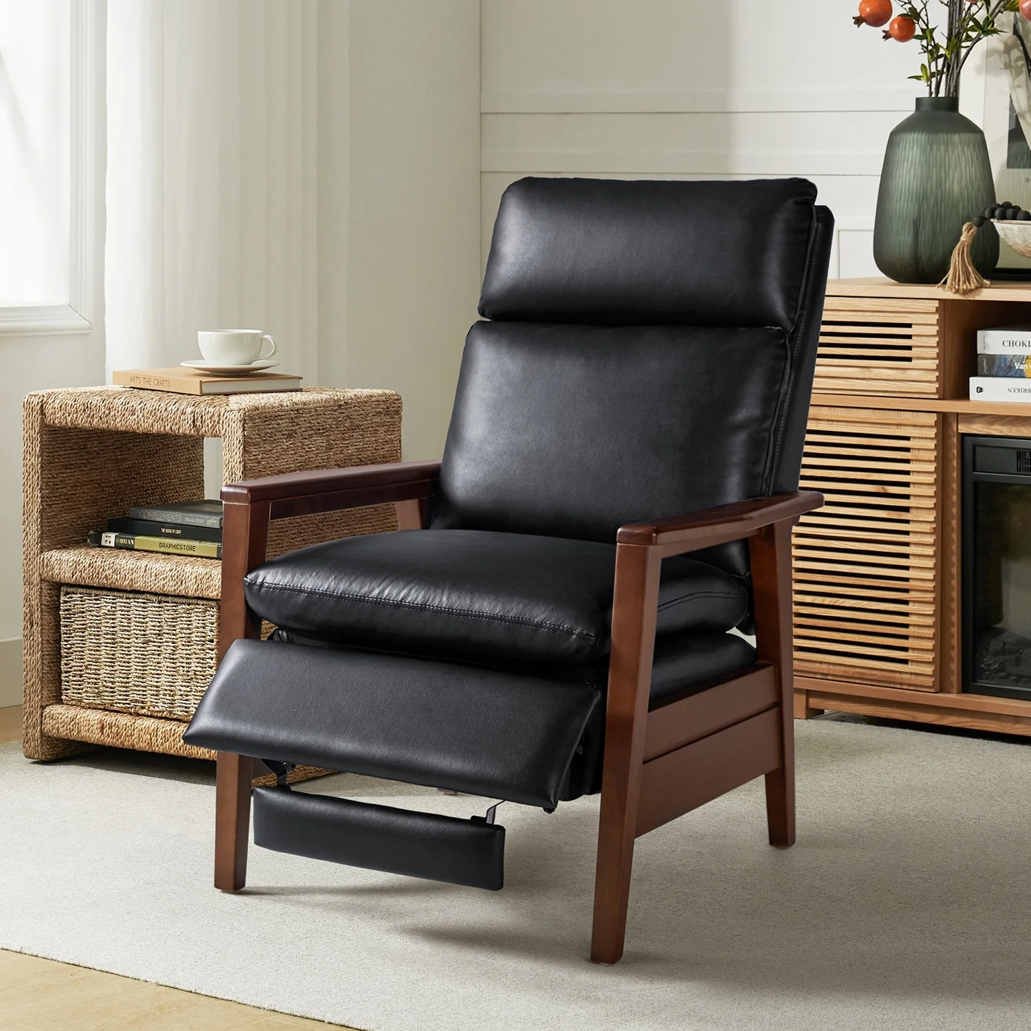 Patrick Mid-century Vegan Leather Solid Wood Recliner by HULALA HOME