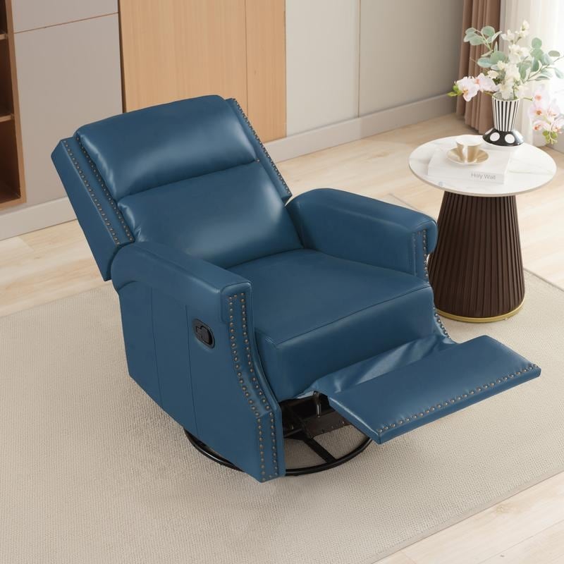 Genuine Leather Manual Rocking Recliner with 360-degree Metal Swivel Base