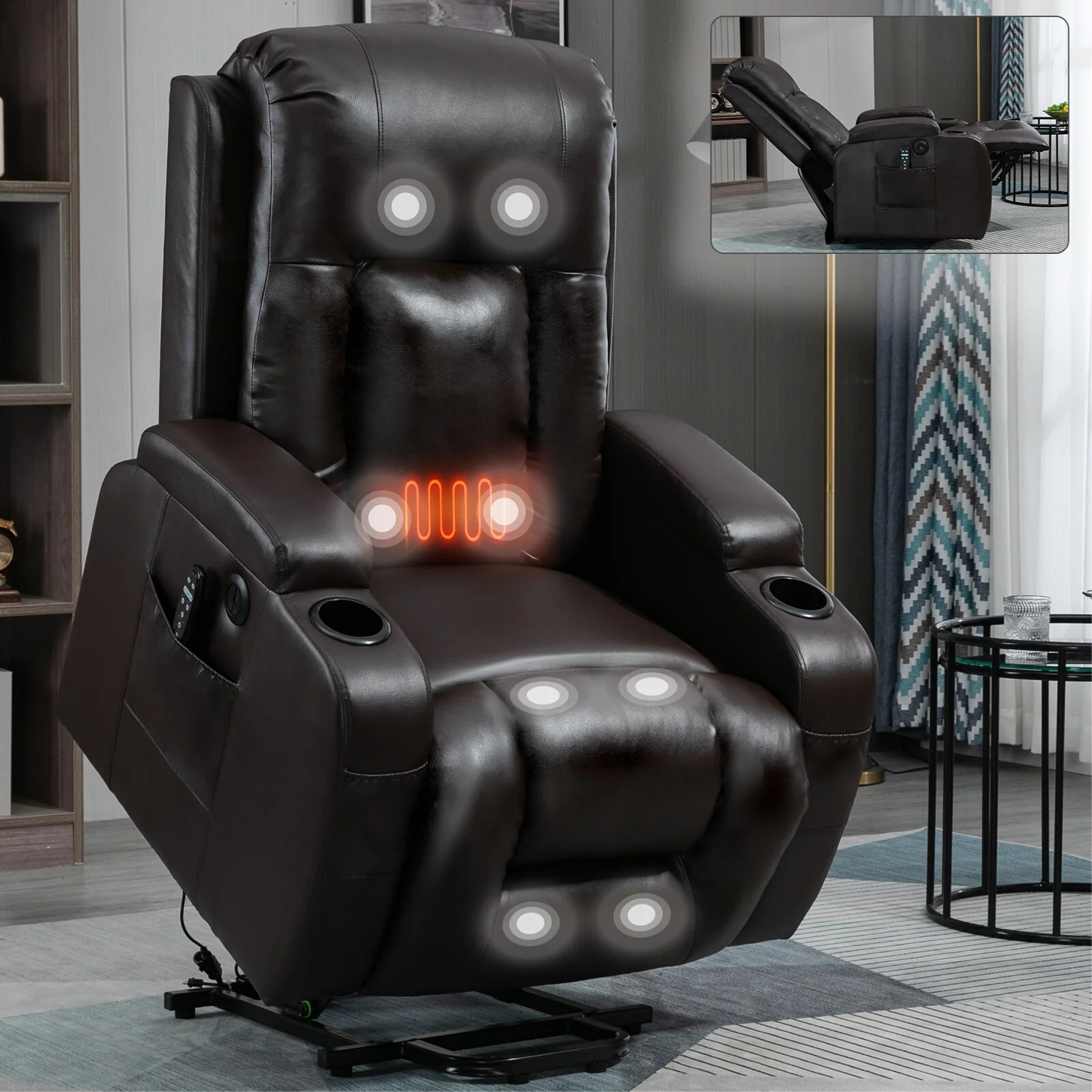 Black Power Lift Recliner Chair with 8-Point Massage, Lumbar Heating, USB Charging, Cup Holders, and Heavy Duty Mechanism