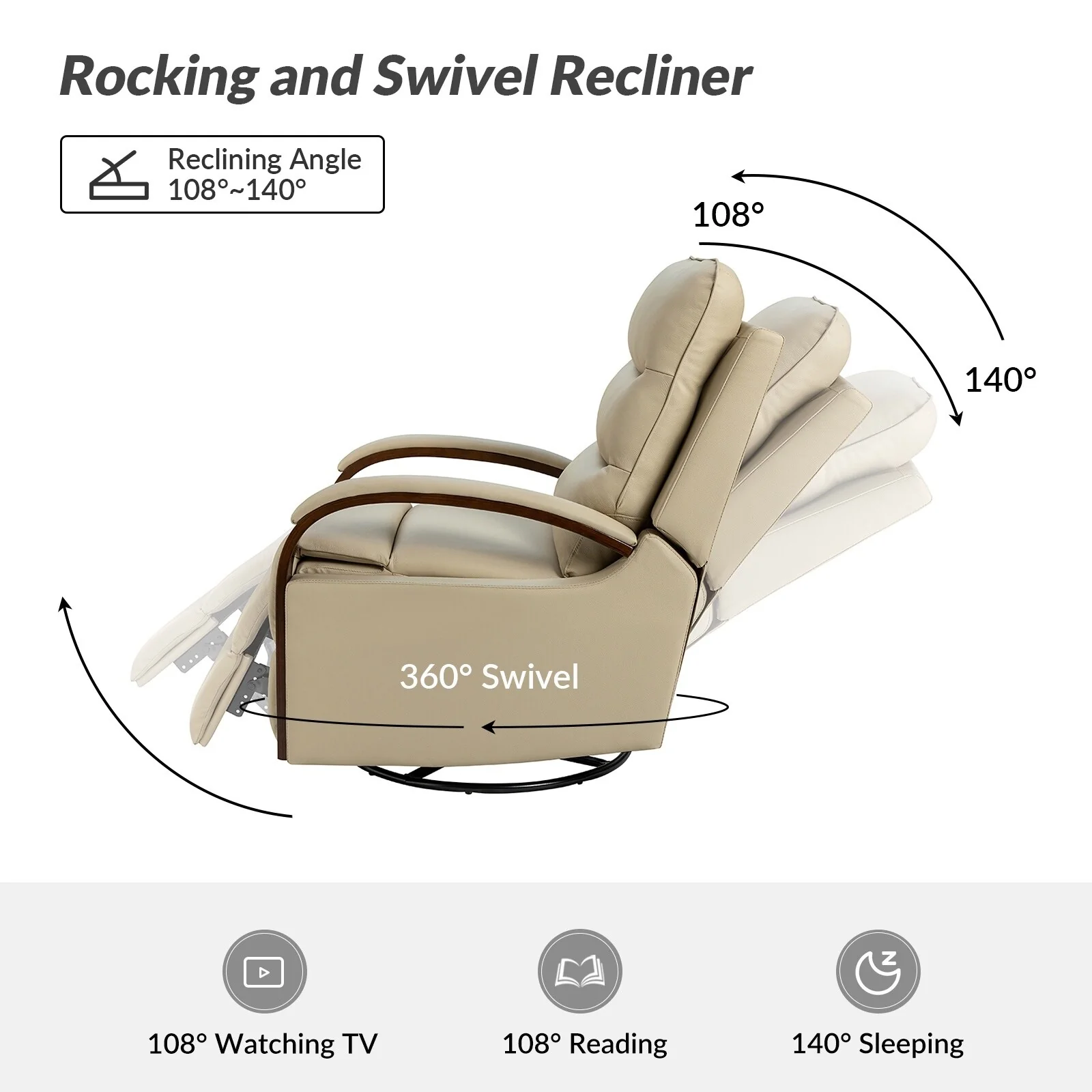 Leopold Genuine Leather Swivel Rocking Manual Recliner Chair with Wooden Arm Accents Set of 2 by HULALA HOME