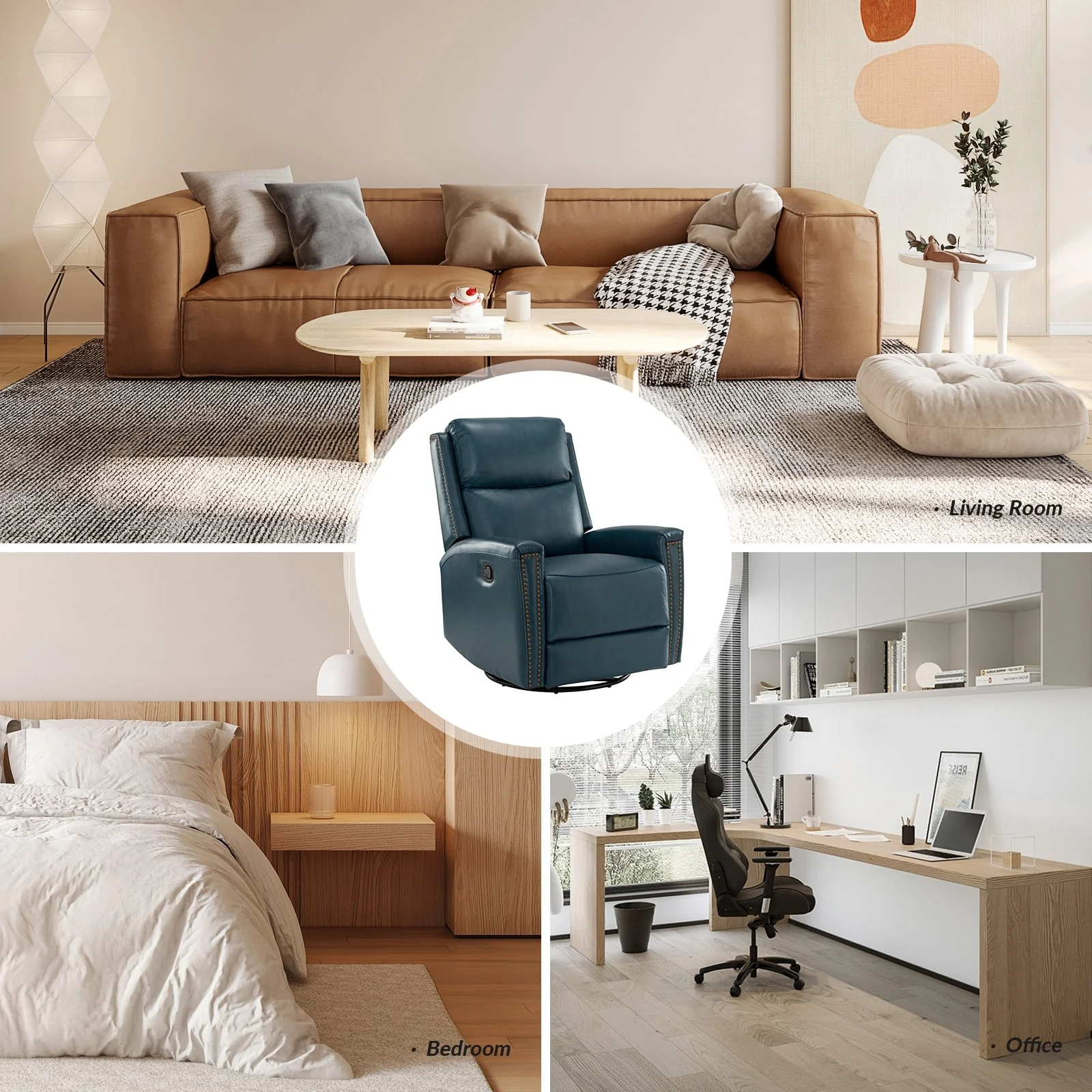 Fiacro 30.31Wide Modern Genuine Leather Wingback Swivel Rocker Recliner with Nailhead Trims