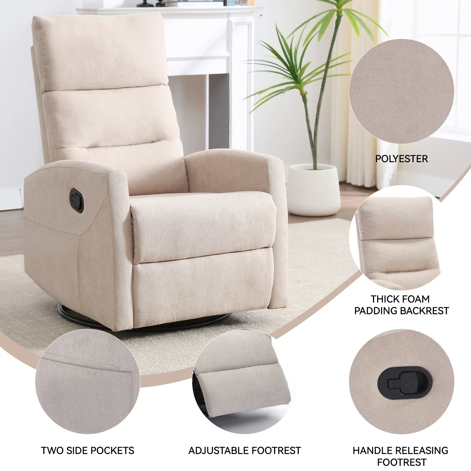 Fabric Manual Recliner Chair 360�� Swivel Chair with Rocker and Footrest, Armchair with Adjustable Backrest Pedals