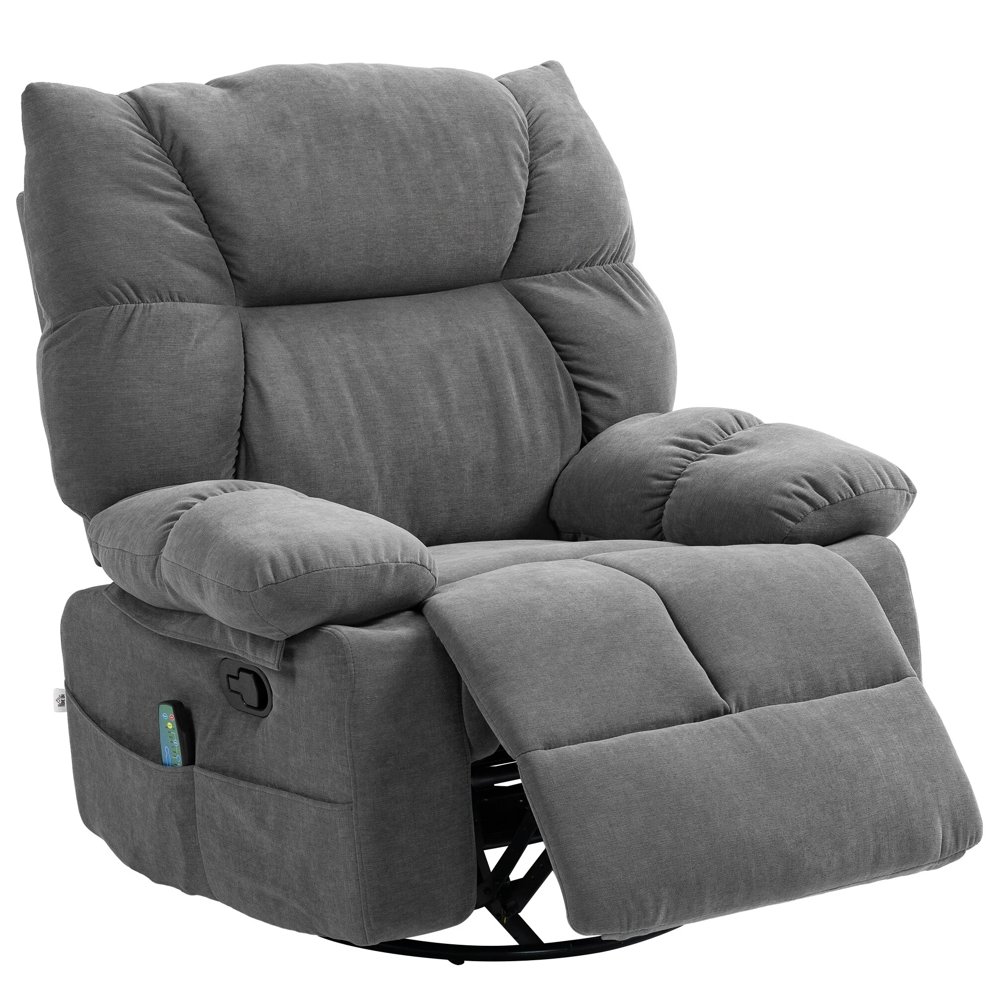 Grey Swivel Manual Recliner featuring Vibration Massage, Heating, Footrest, Remote Control, and Four Convenient Side Pockets