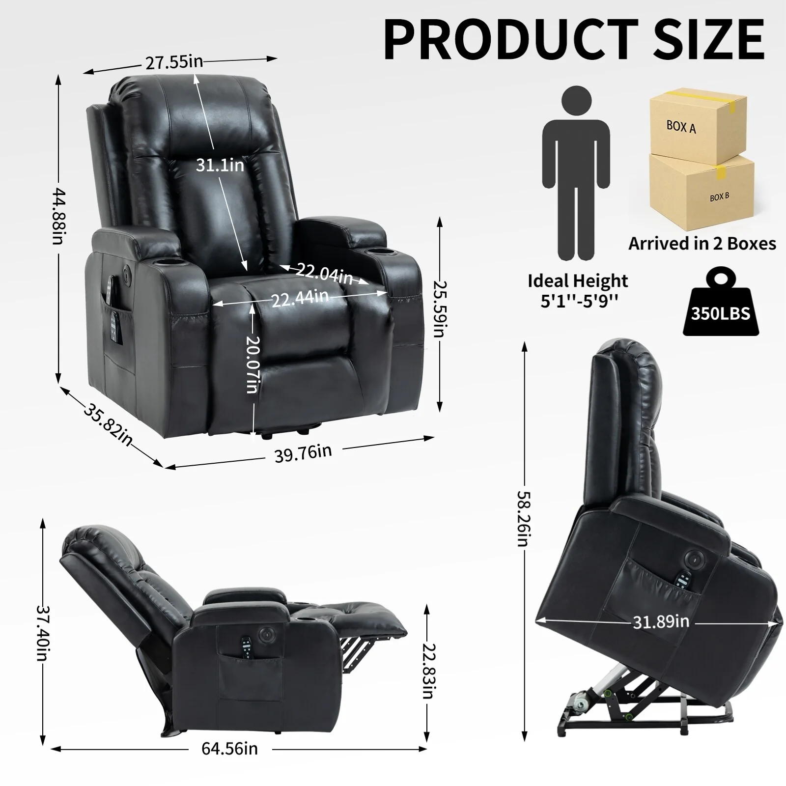Black Power Lift Recliner with Massage, Lumbar Heat, USB, and Cup Holders