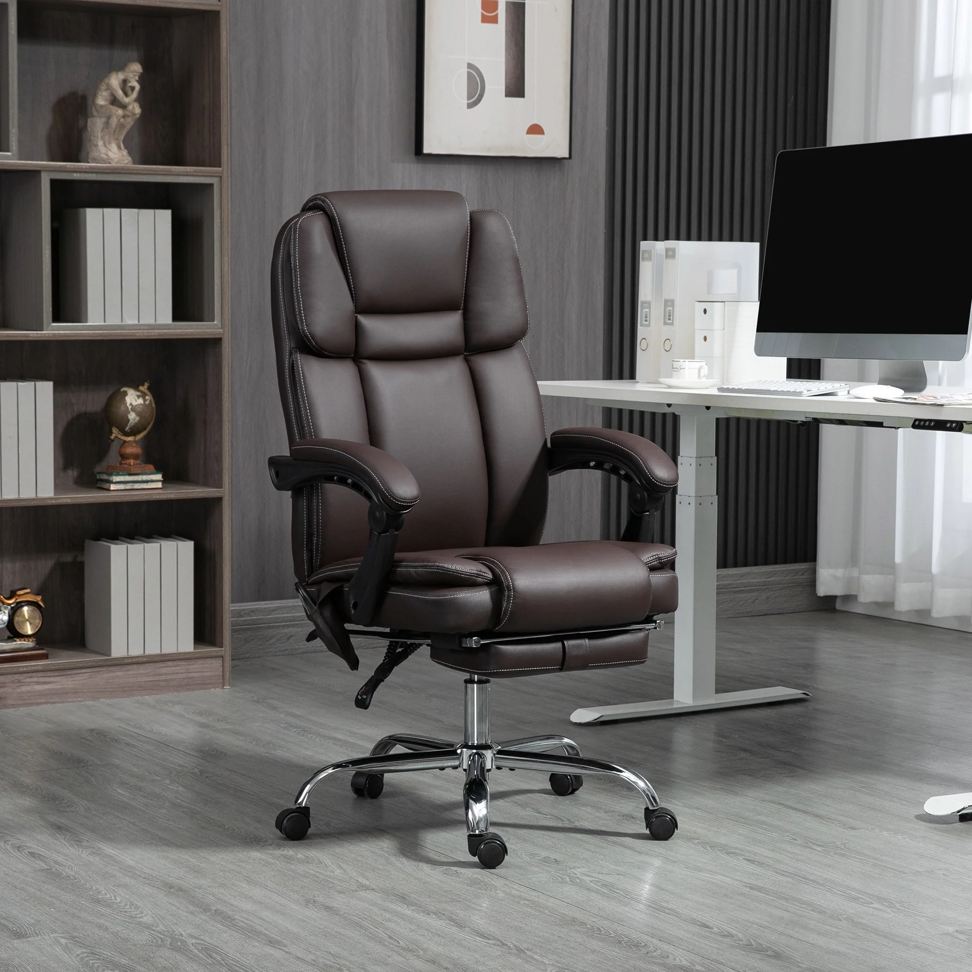 Heated PU Leather Executive Office Chair with Massage, Reclining Backrest, Adjustable Height & Extendable Footrest