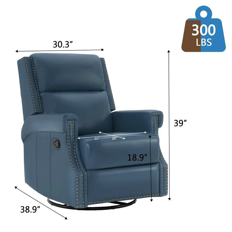 Genuine Leather Manual Rocking Recliner with 360-degree Metal Swivel Base