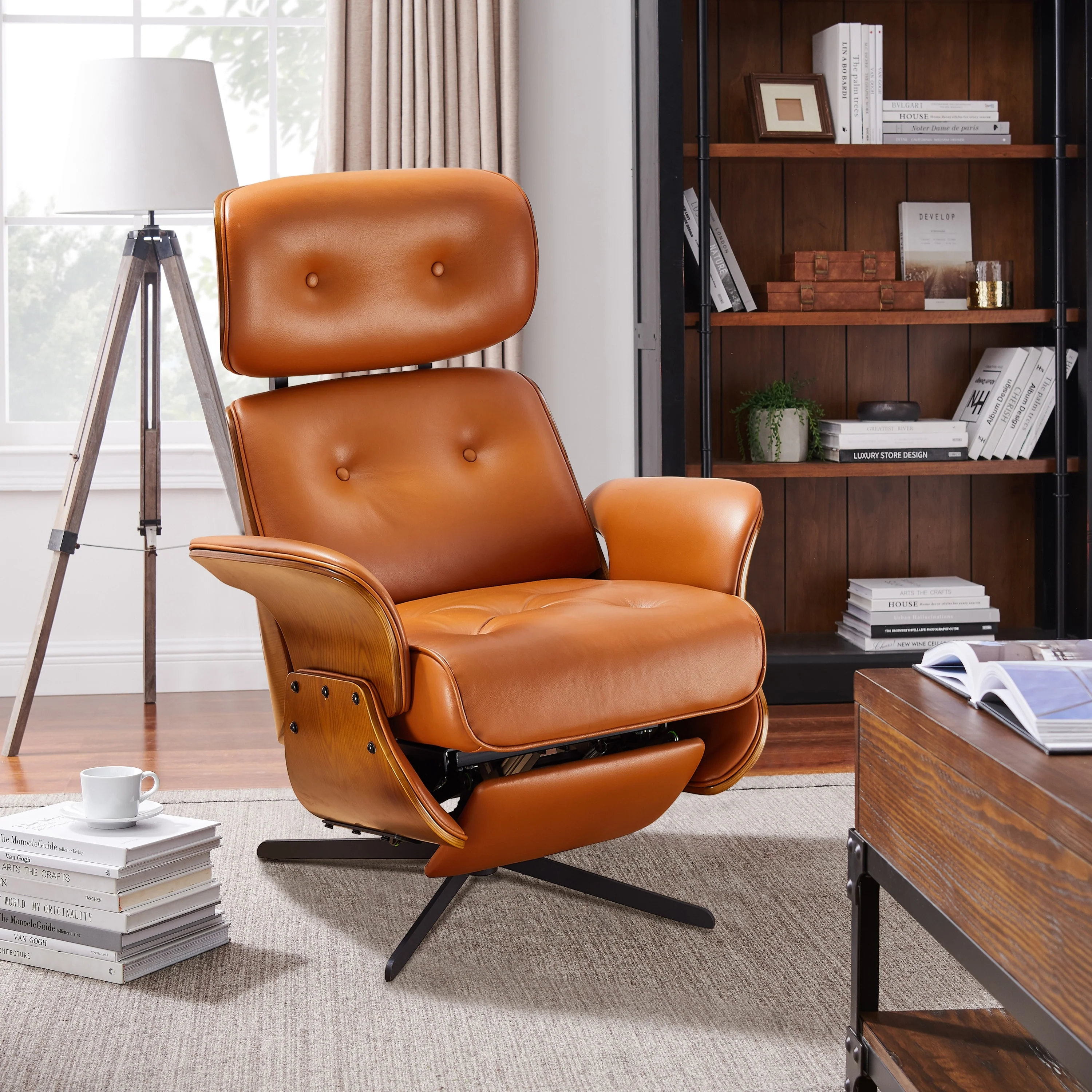 Art Leon Mid-century Modern Genuine Leather Lounge Chair Recliner