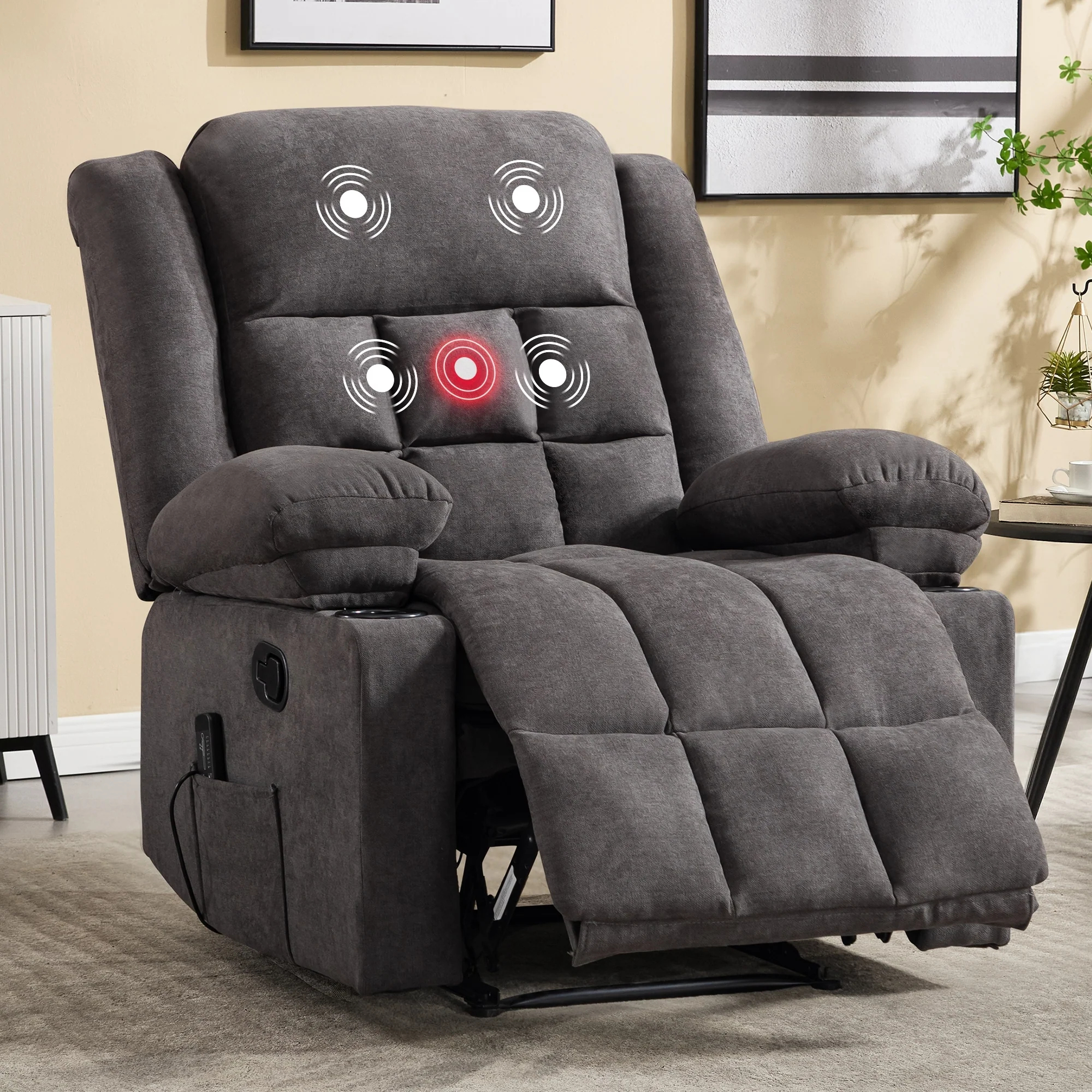 Ebello Manual Recliner Chair with Massage and Heat, Fabric Recliner with Cup Holders  Storage Pockets, Lounger for Living Room