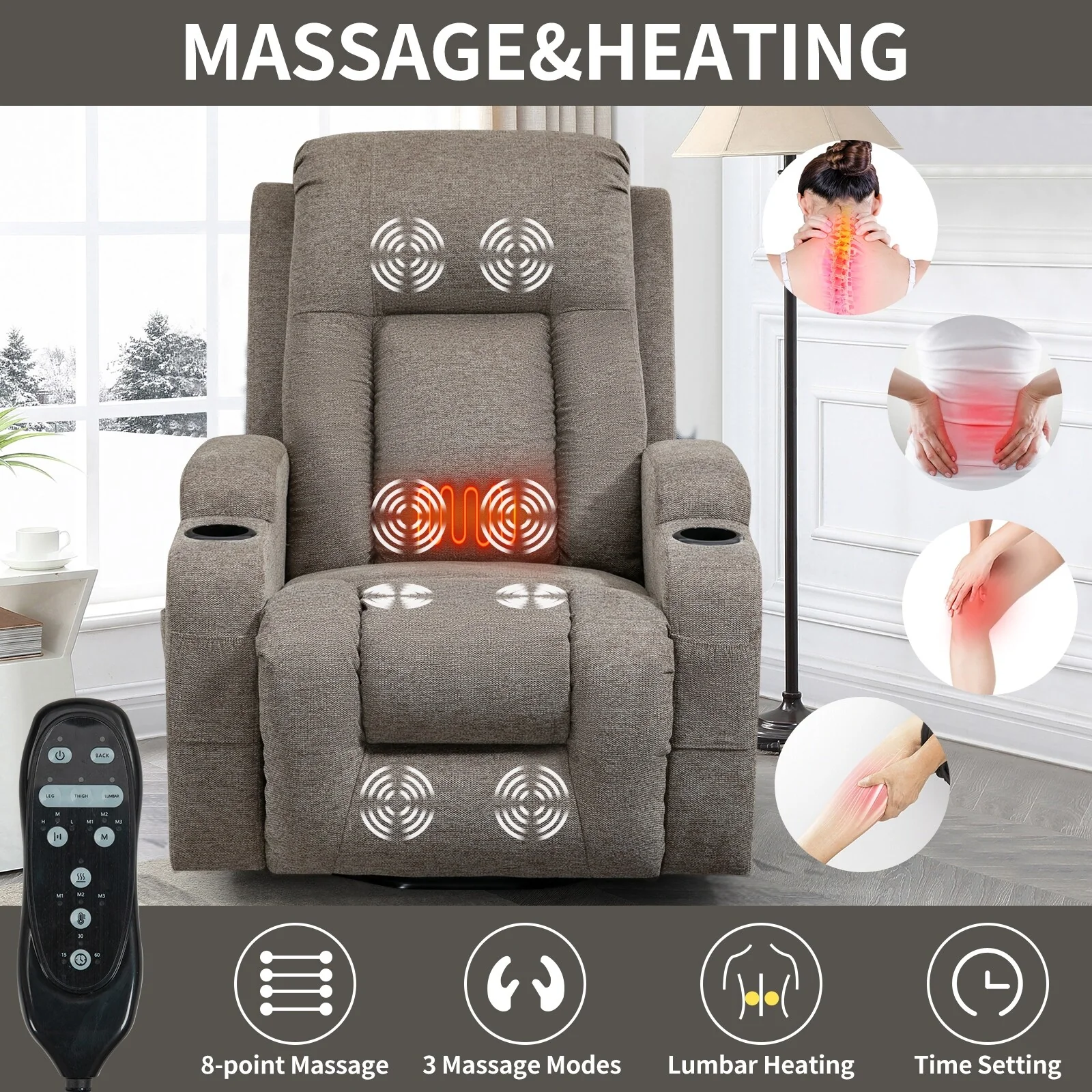 Grey Power Lift Recliner with Massage, Heat  Cup Holders