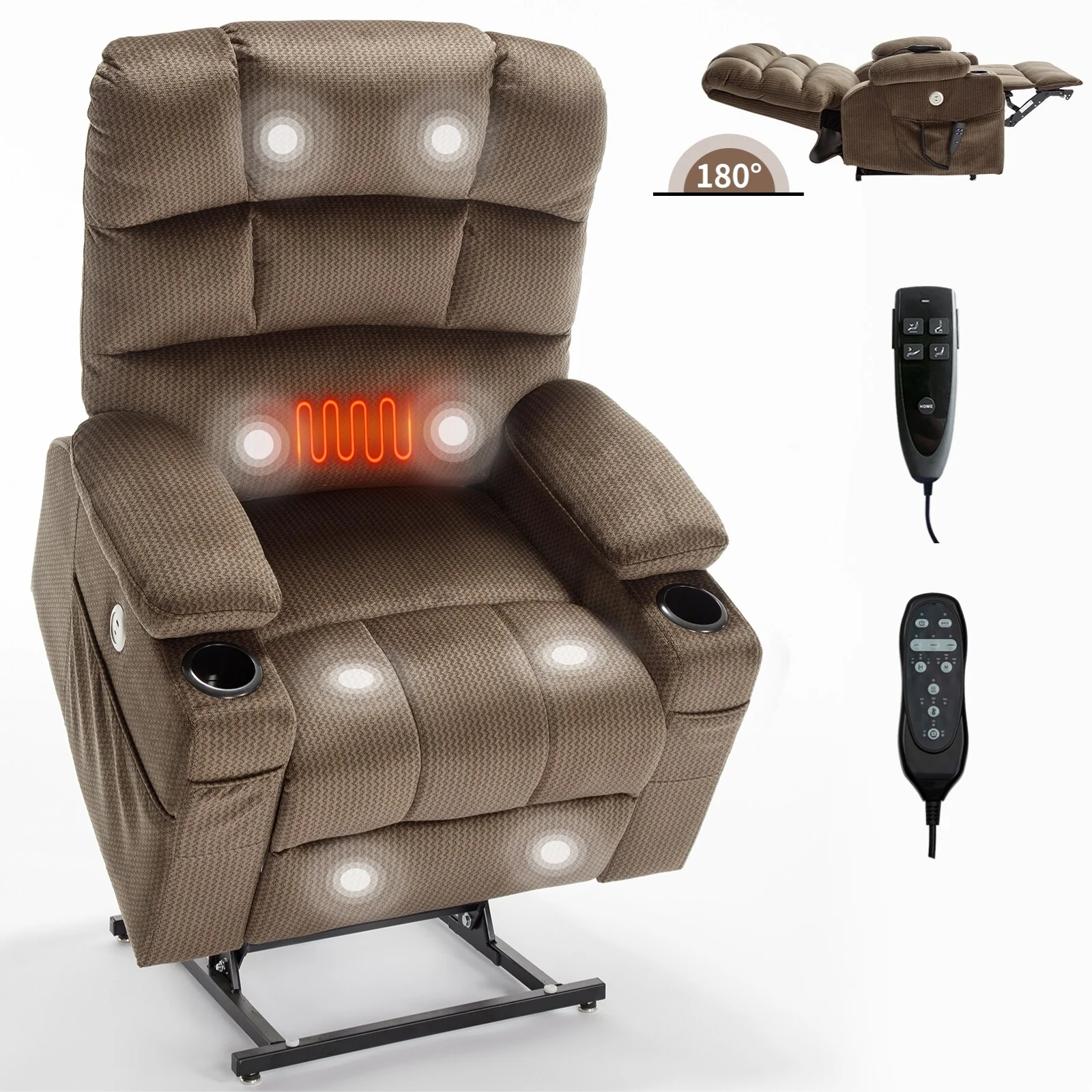 Chenille Power Lift Recliner with Massage, Heating & Cup Holders