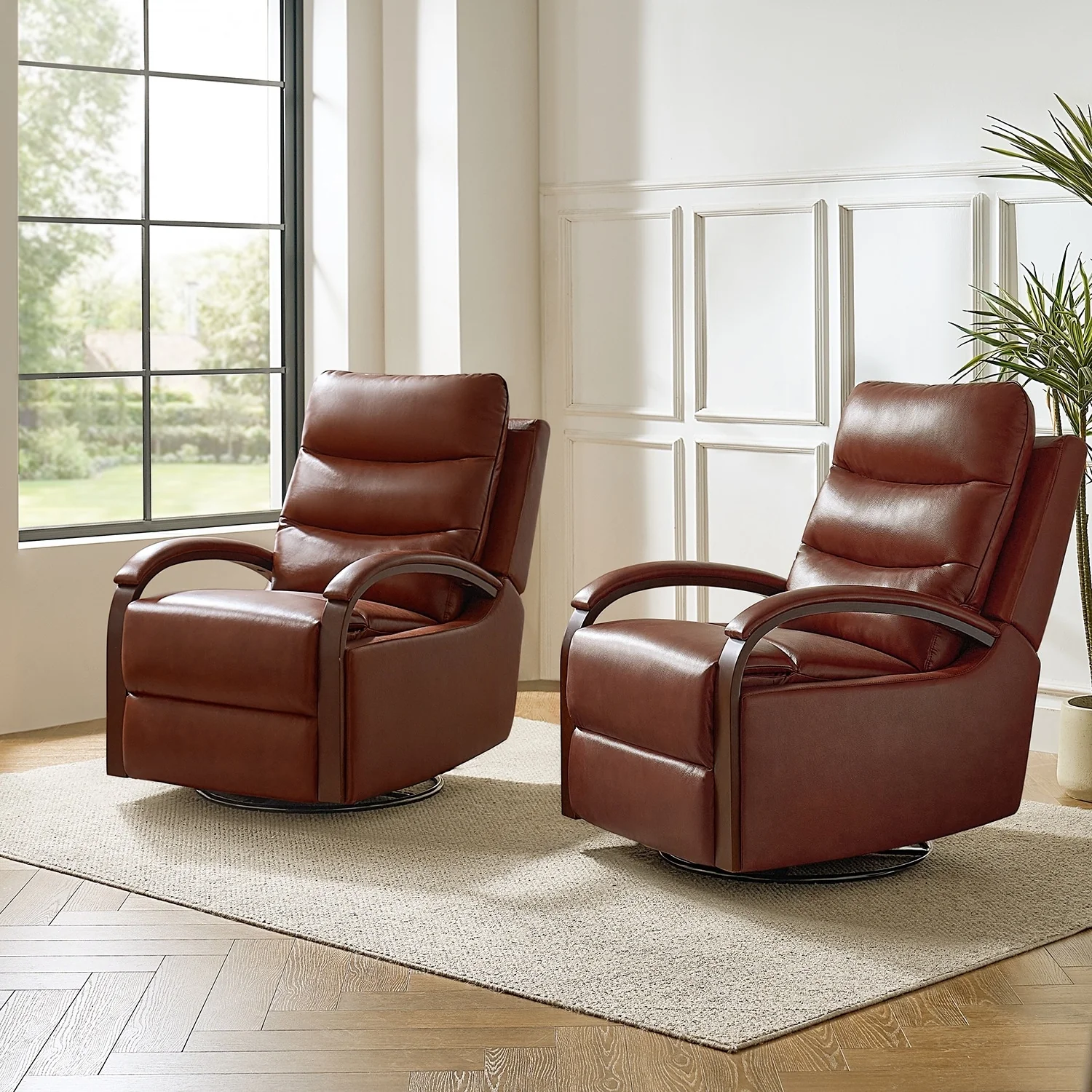 Leopold Genuine Leather Swivel Rocking Manual Recliner Chair with Wooden Arm Accents Set of 2 by HULALA HOME
