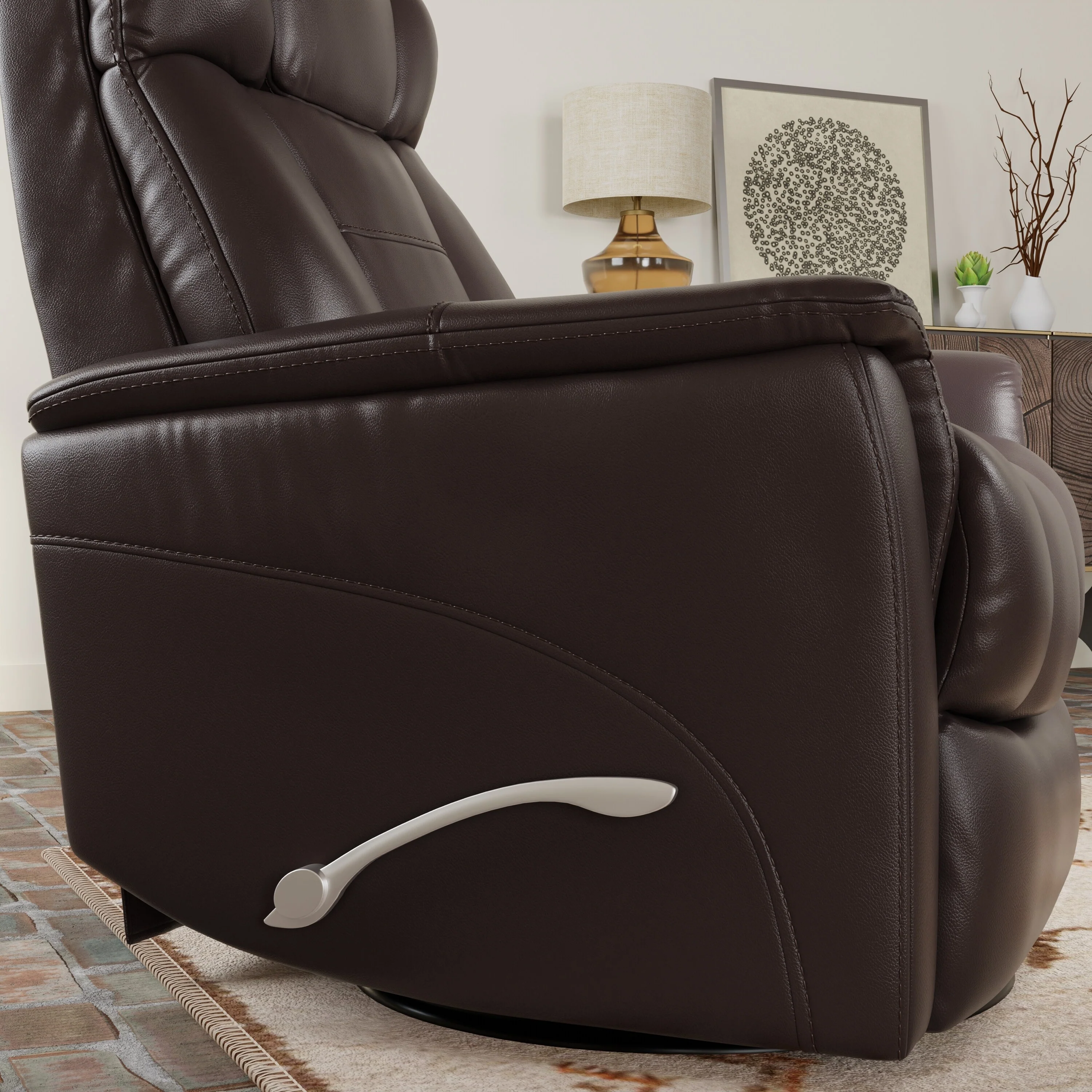 Global Home Swivel Glider Recliner with Manual Adjustable Headrest  Footrest In Faux Leather Bentley