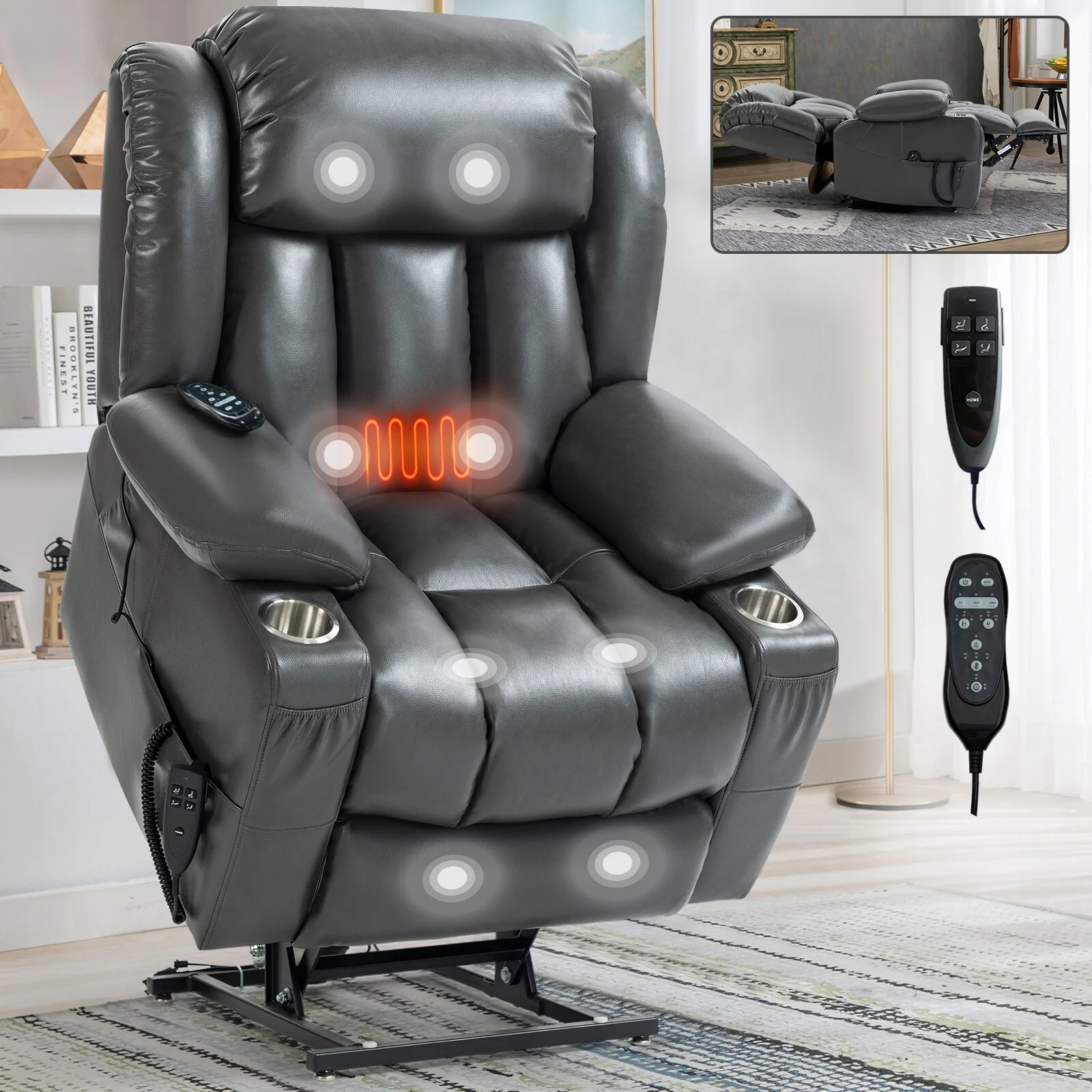 Grey Dual Motor Power Lift Recliner with 8-Point Massage, Lumbar Heating, Stainless Steel Cup Holders, and Side Pockets