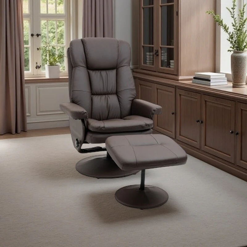 High-Back PU Leather Swivel Recliner with Adjustable Backrest, Footrest Ottoman, and Sturdy Wrapped Base for Living Room
