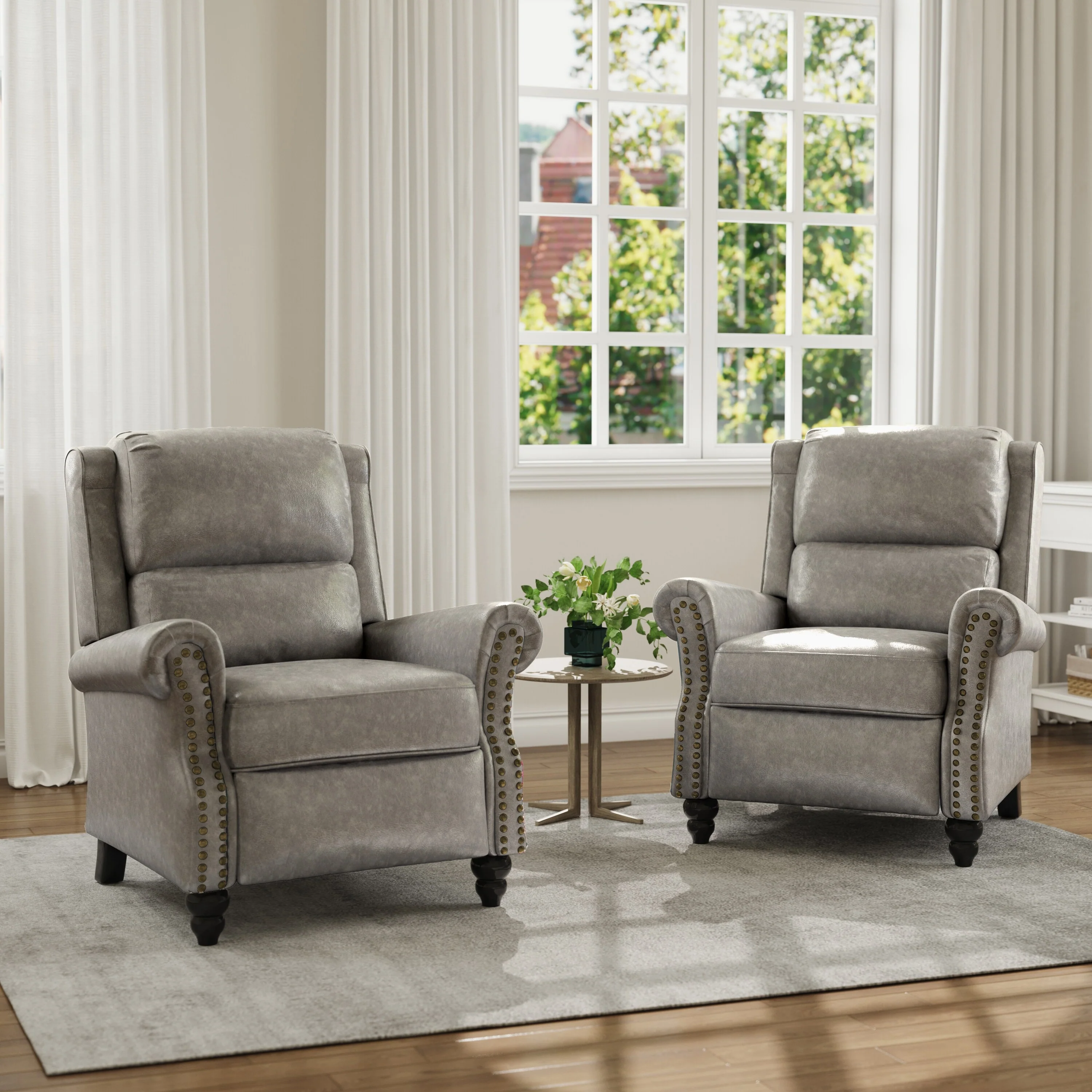 Mid-Century Nailhead PU Leather Linen Recliner