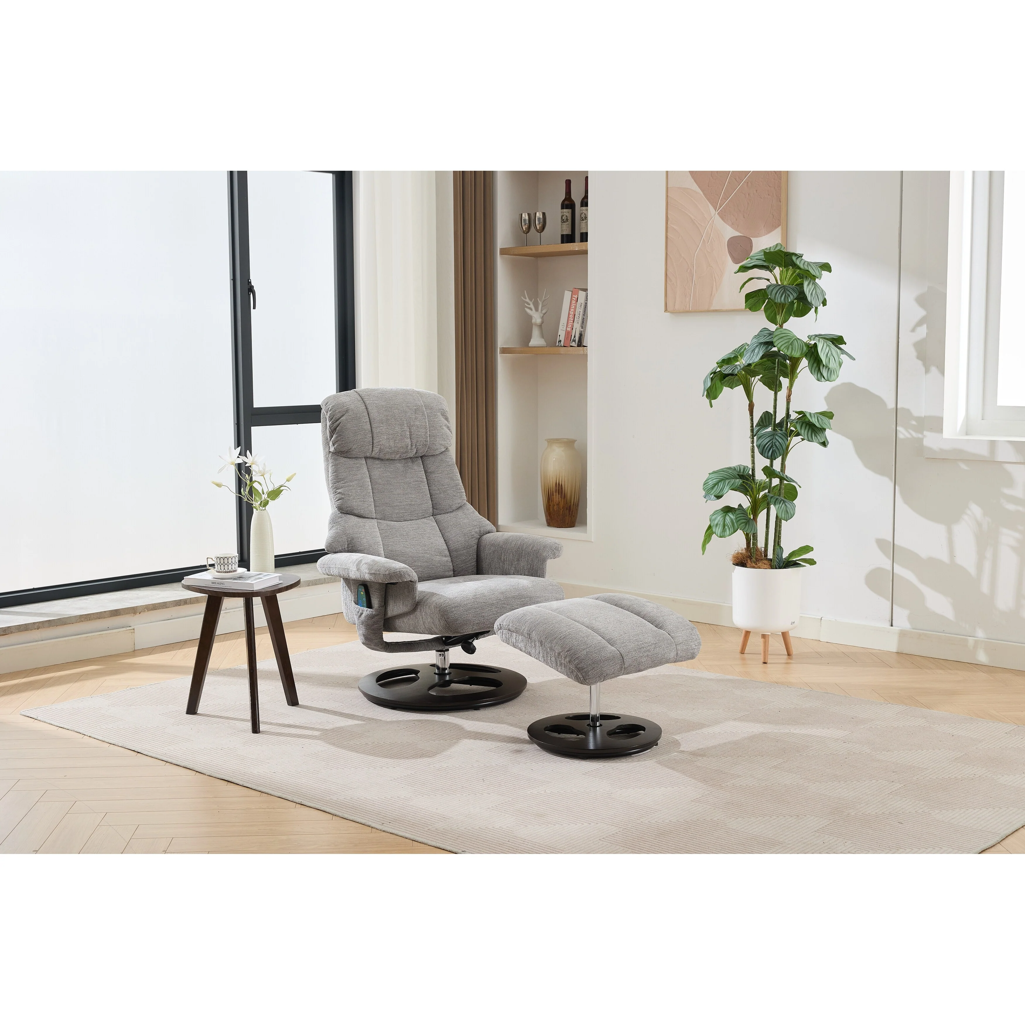Modern 360�� Swivel Lounge Chair with Footstool, 5 Point Vibration Massage, Seat Heating & 140�� Adjustable Backrest