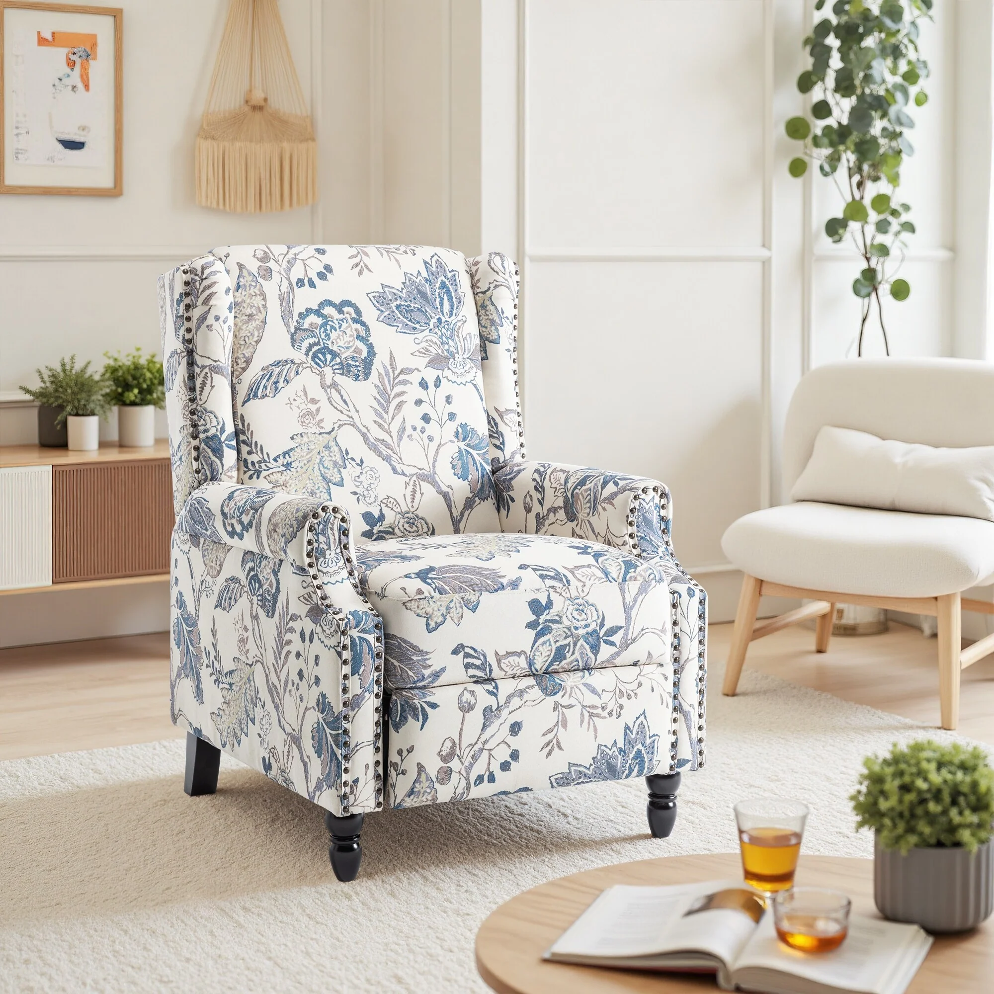 Linen Manual Upholstered Recliner with Wood Legs