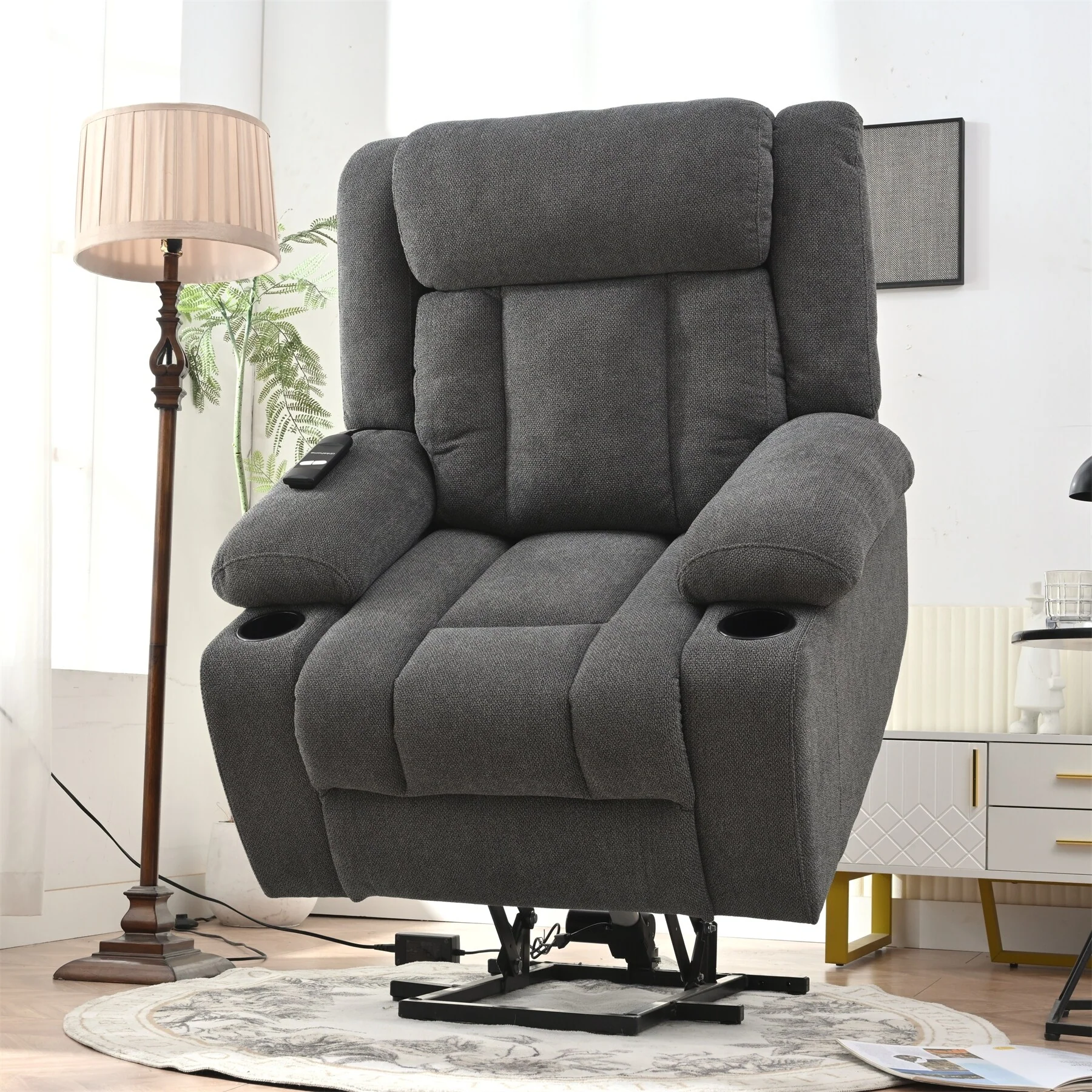 Power Lift Recliner Chair For Elderly,Fabric Lift Chairs W/ Extended Footrest With 2 Cup Holders,Side Pockets,Remote Control