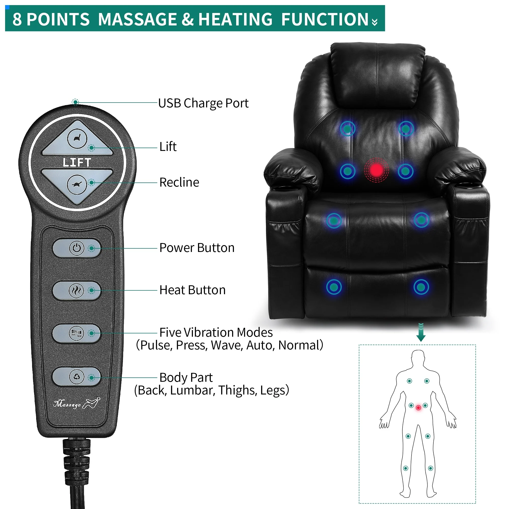 Modern Electric Lift Power Recliner Chair Heated Massage Sofa Lounge