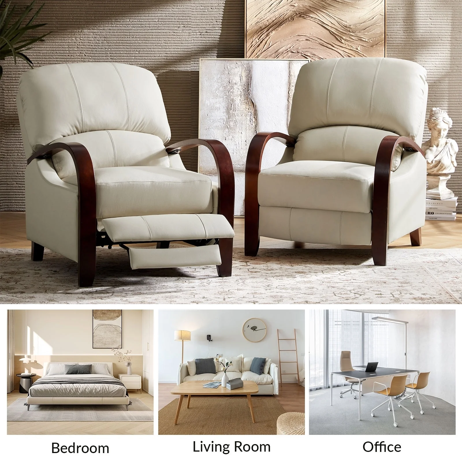 Alex Mid-century Modern Cigar Genuine Leather Manual Recliner with Wooden Curved Arms