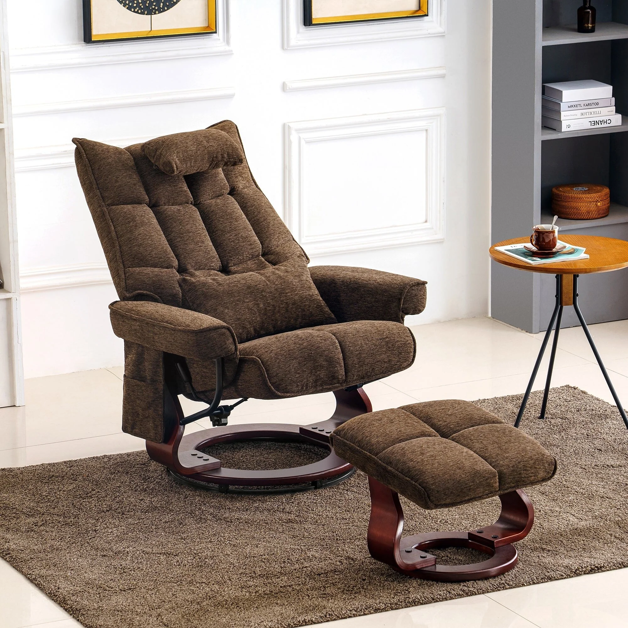 MCombo Swivel Recliner with Ottoman and Neck Pillow, Chenille Fabric