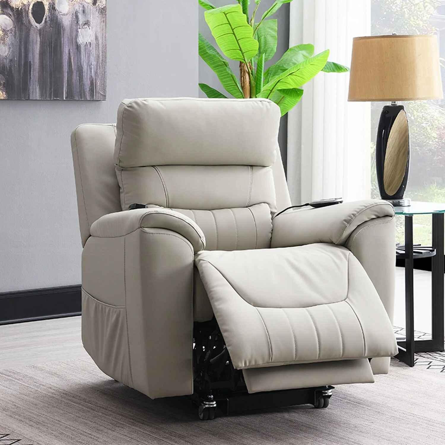 Synthetic Leather Upholstered Power Recliner with Heating and Massage in Light Gray