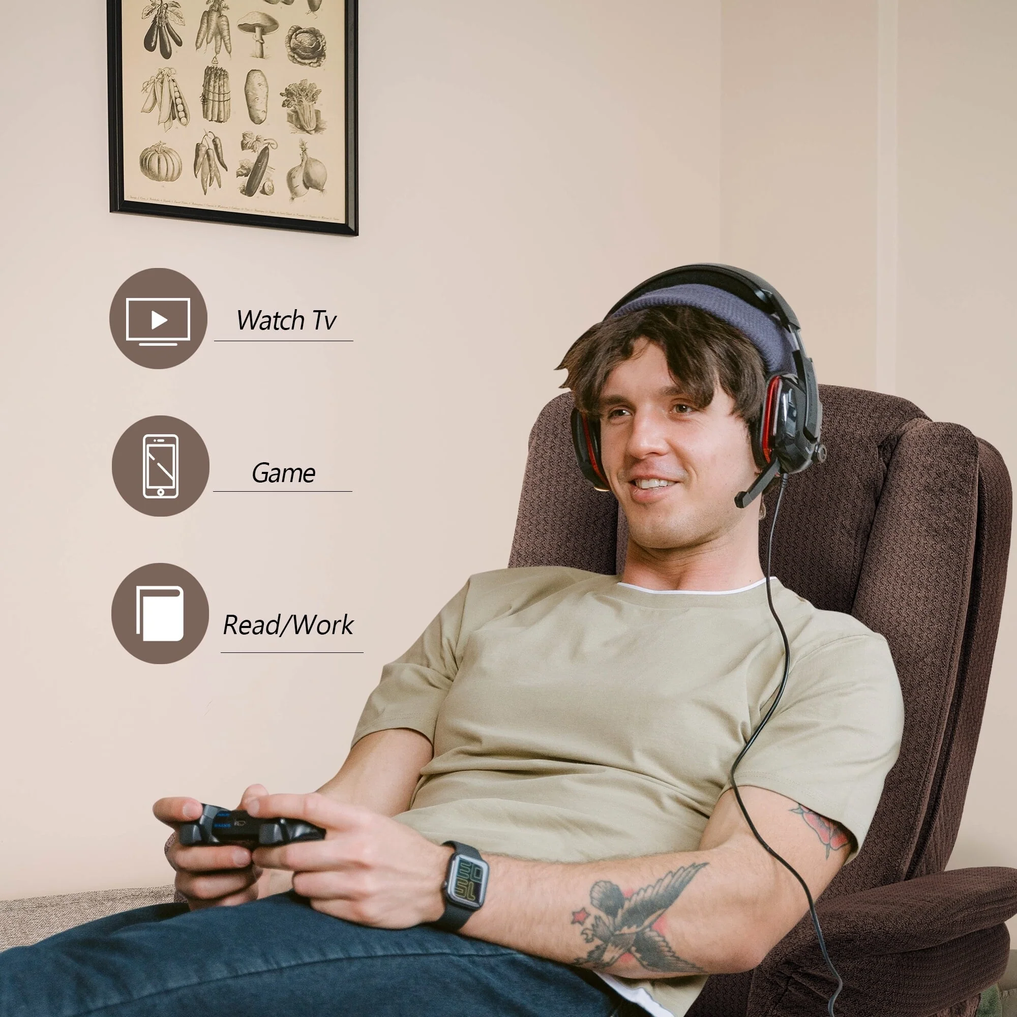 Mcombo Recliner Chair with Ottoman, Fabric Massage Swivel Chair