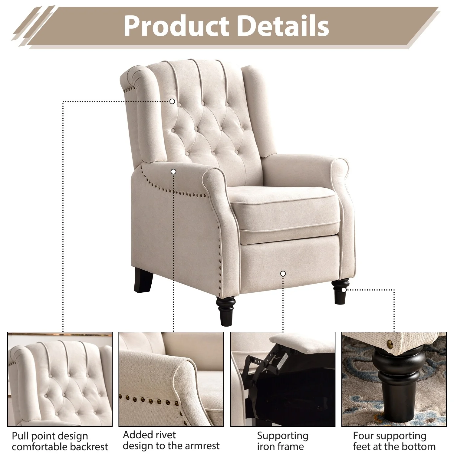 Push Back Recliner with Tufted Back and Wooden Legs
