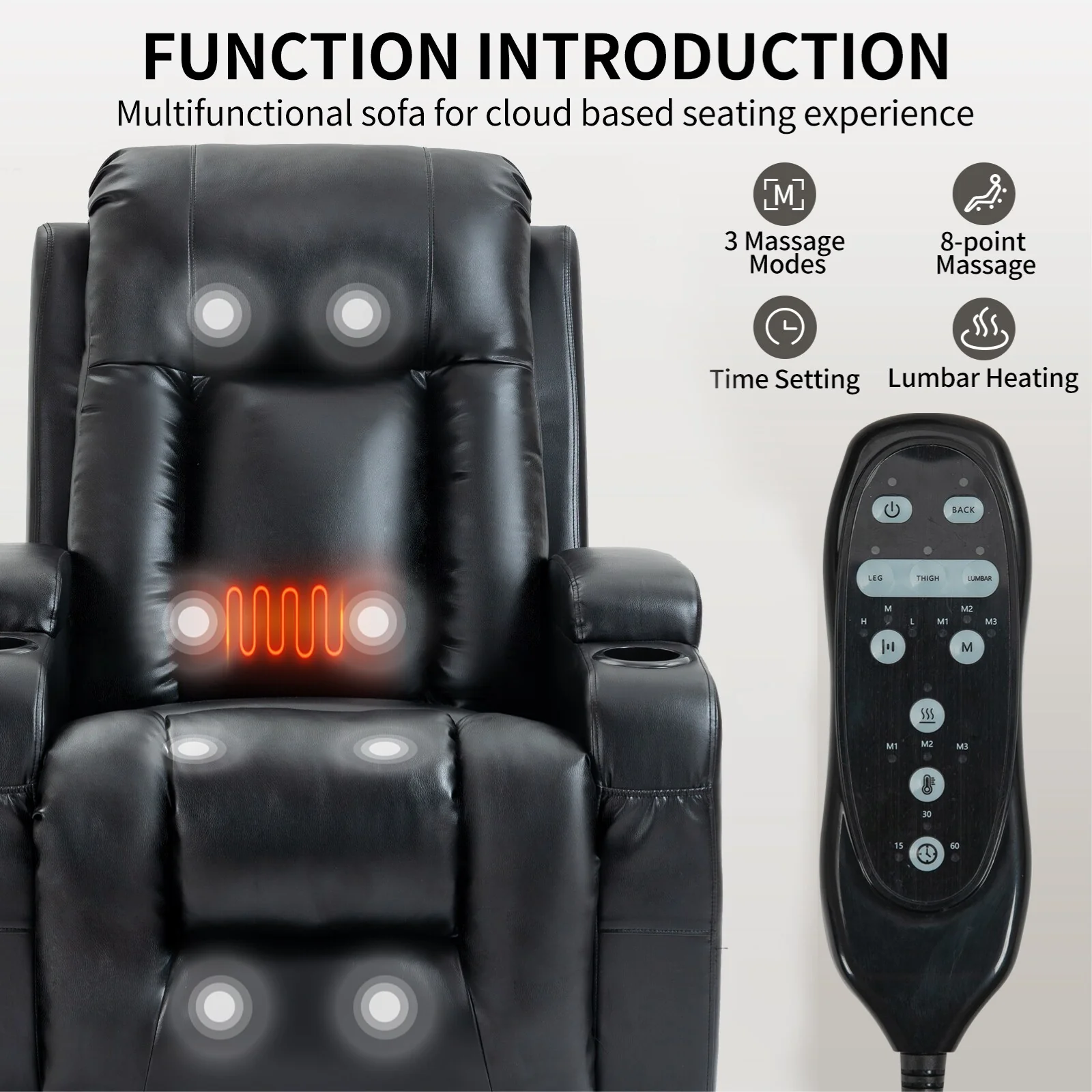 Black Power Lift Recliner with Massage, Lumbar Heat, USB, and Cup Holders