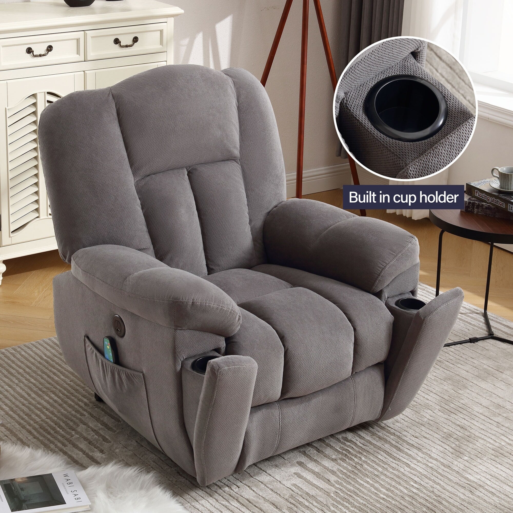 Grey Electric Power Lift Recliner Chair with Heat, Massage, Infinite Position, USB Charging, Side Pockets