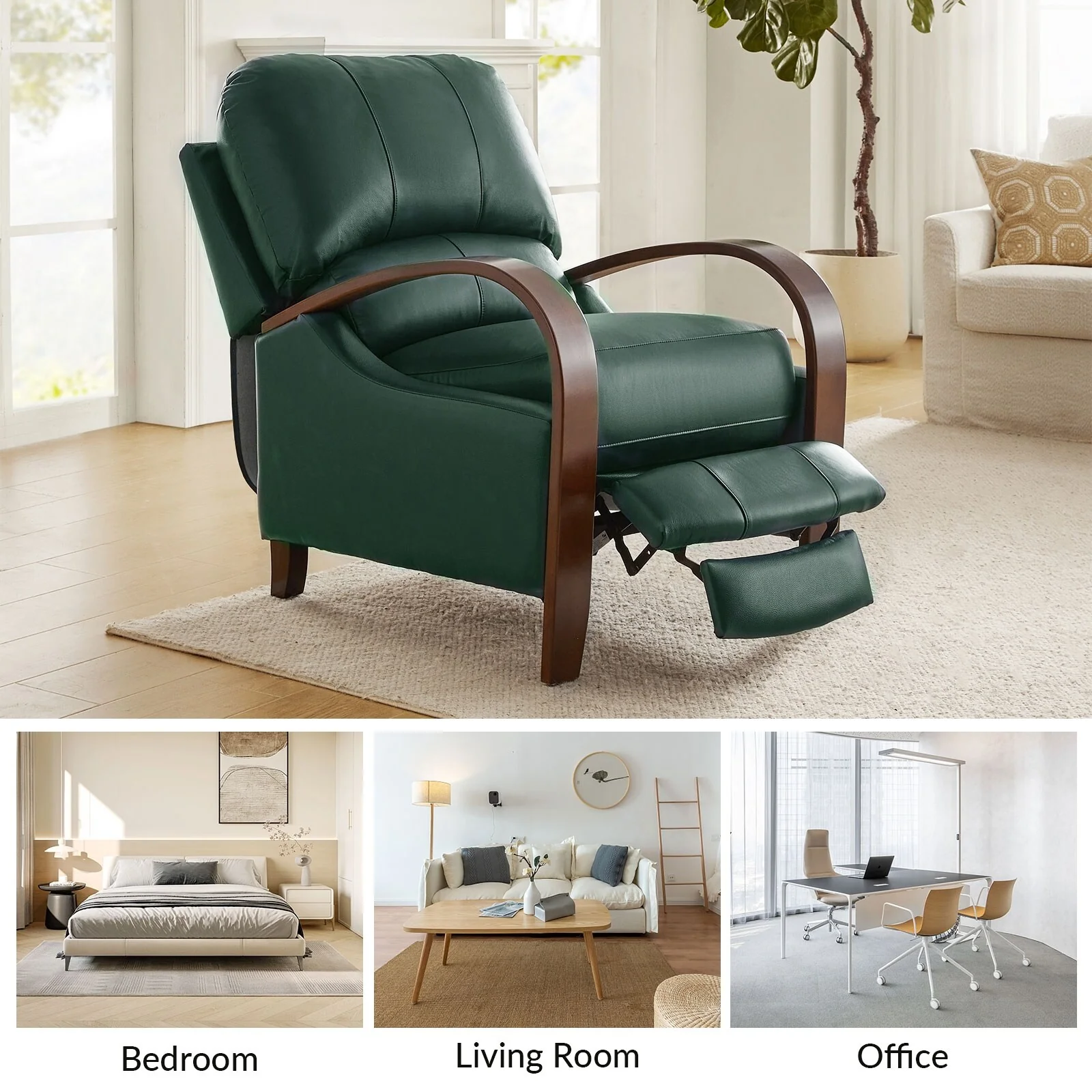 Alex Mid-century Modern Cigar Genuine Leather Manual Recliner with Wooden Curved Arms, Set of 2