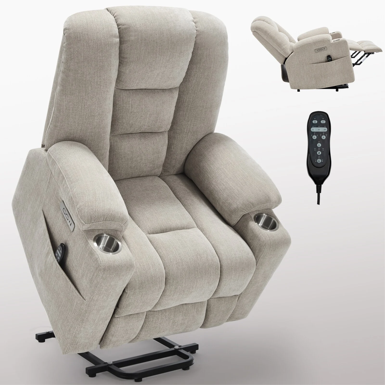 Power Lift Recliner Chair with Dual USB, Cup Holders & Chenille Fabric