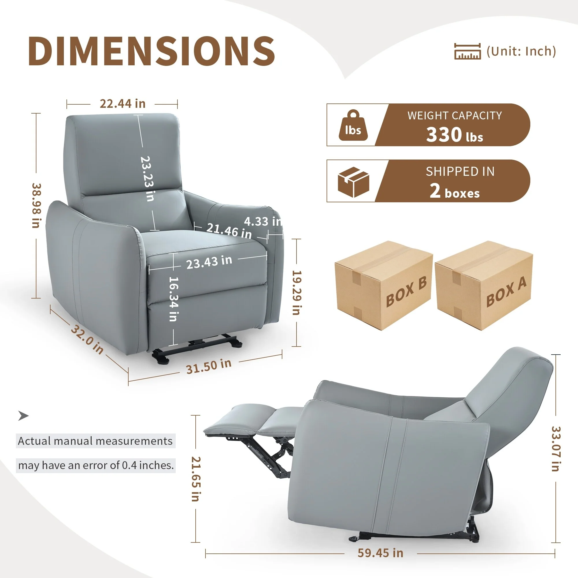 PU Leather Wall?Hugger Power Recliner Chair with USB?C & 330?lbs Capacity