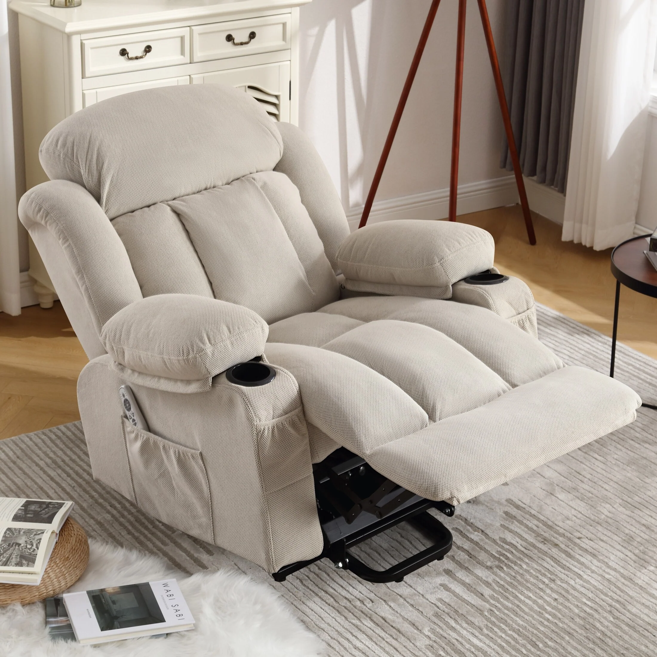 Beige Electric Recliner with Heat, Massage, USB, and Remote Control