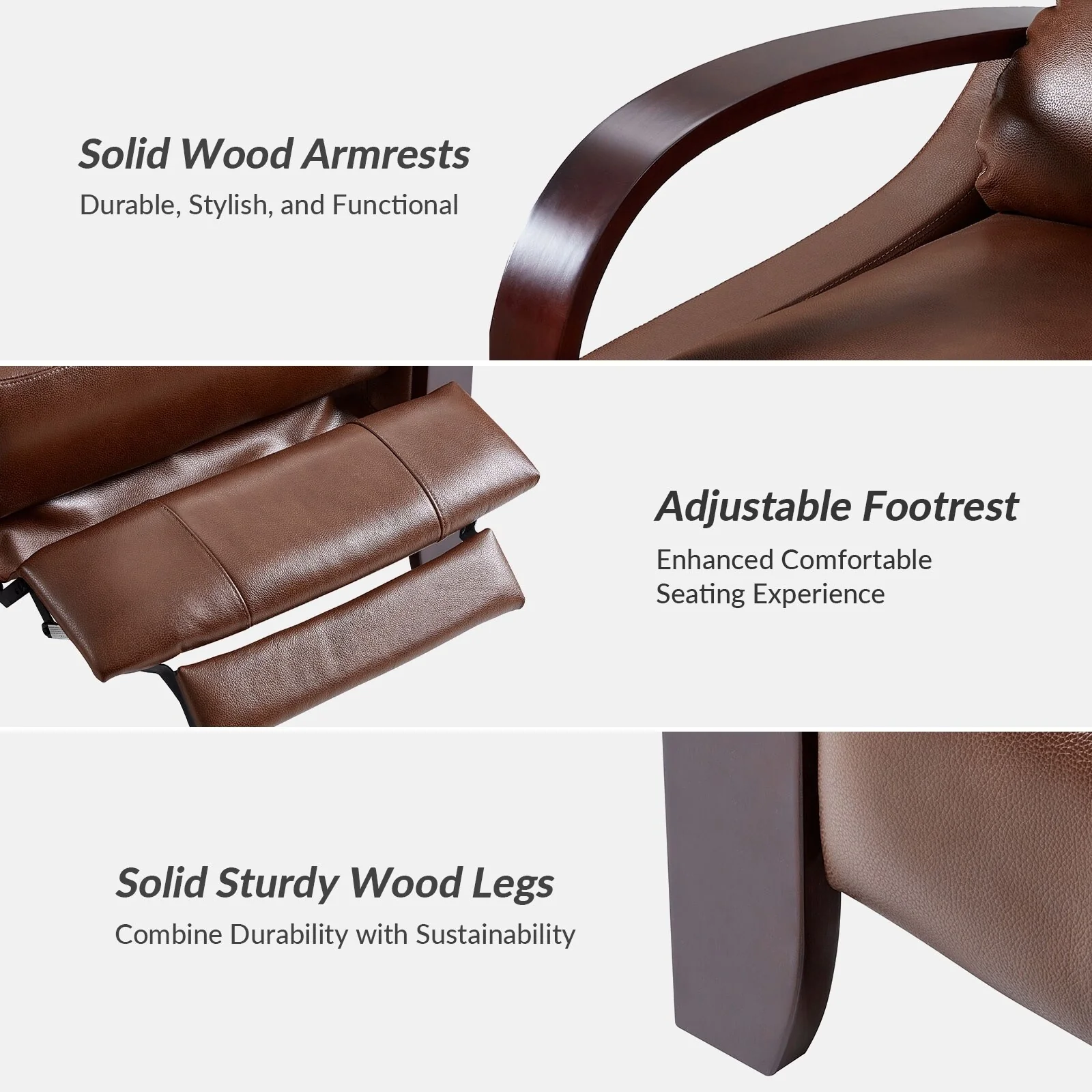 Alex Mid-century Modern Cigar Genuine Leather Manual Recliner with Wooden Curved Arms