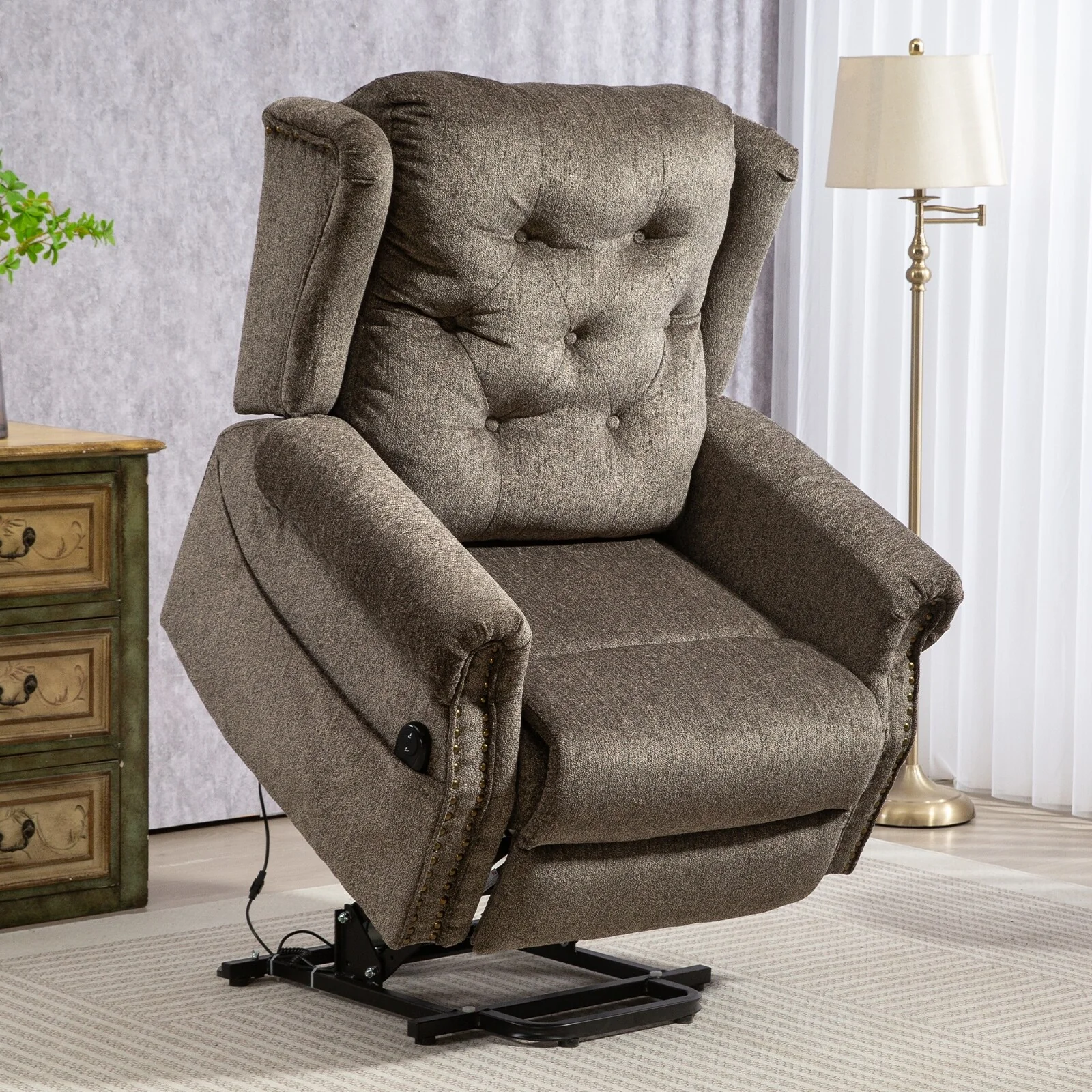 Oversized Vintage Tufted Power Lift Recliner Chair with Nailhead Trim