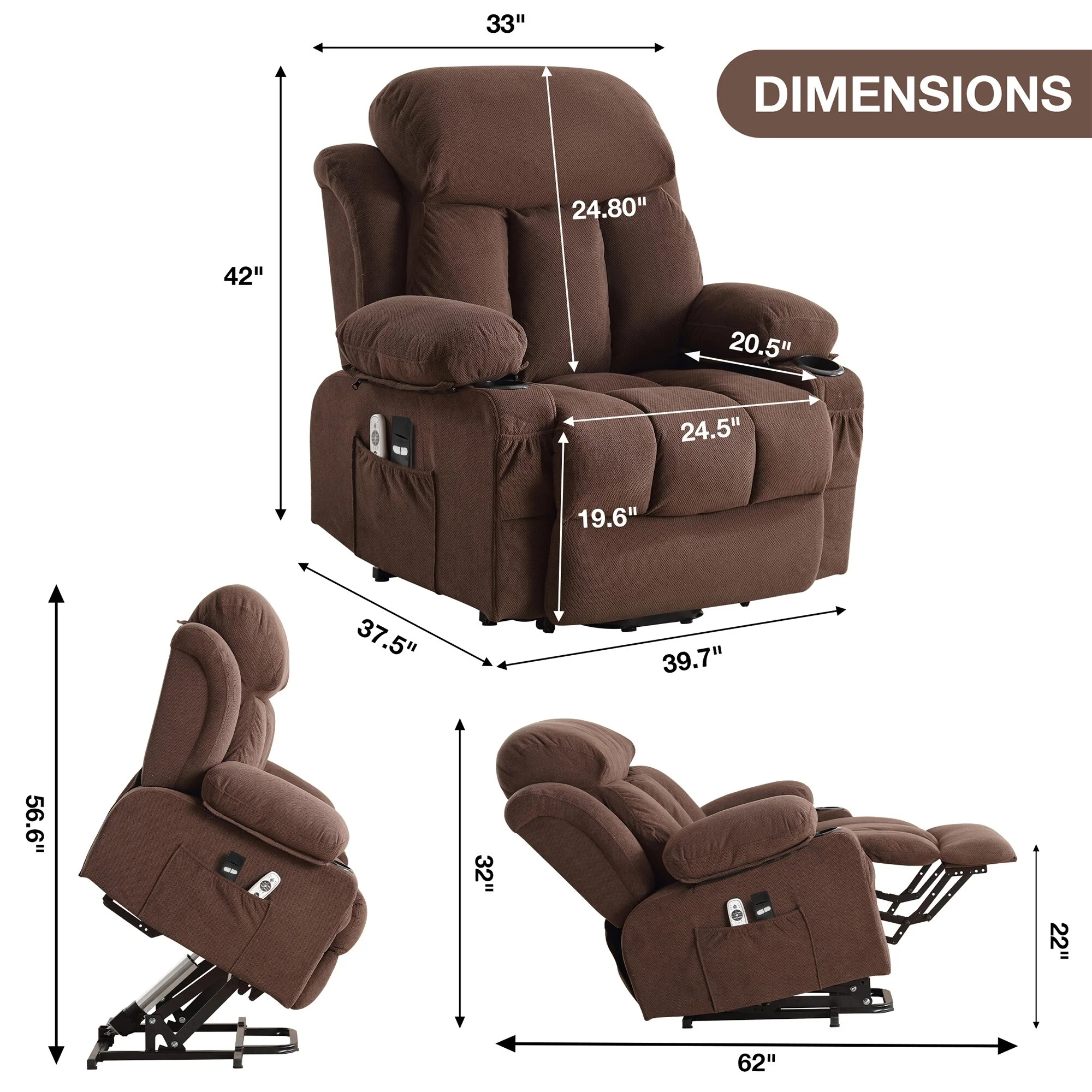 Electric Recliner Chair with Massage, Heat, USB & Cup Holders