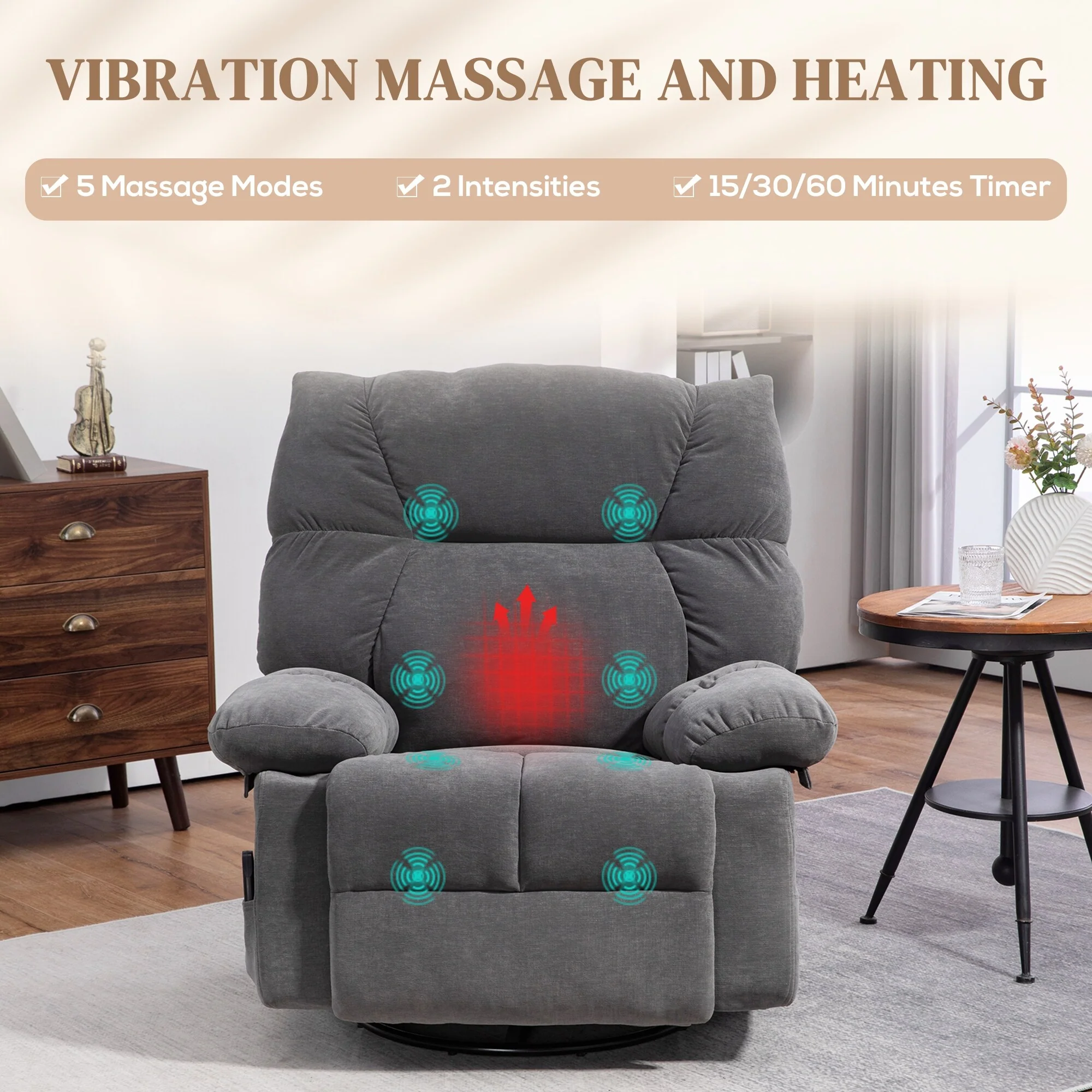 Grey Swivel Manual Recliner featuring Vibration Massage, Heating, Footrest, Remote Control, and Four Convenient Side Pockets