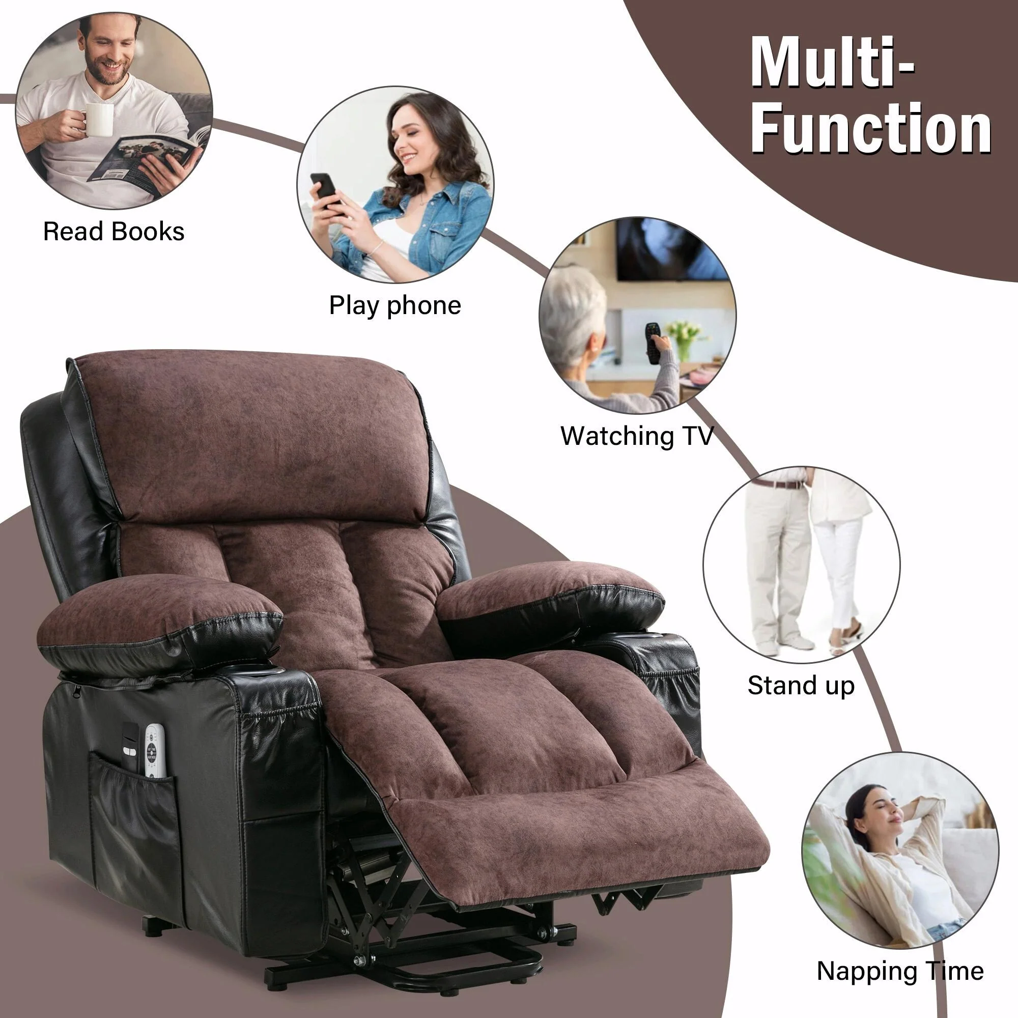 Power Electric Massage Lift Lounge Chair with Heating and Vibration Functions, Fleece Leather with USB
