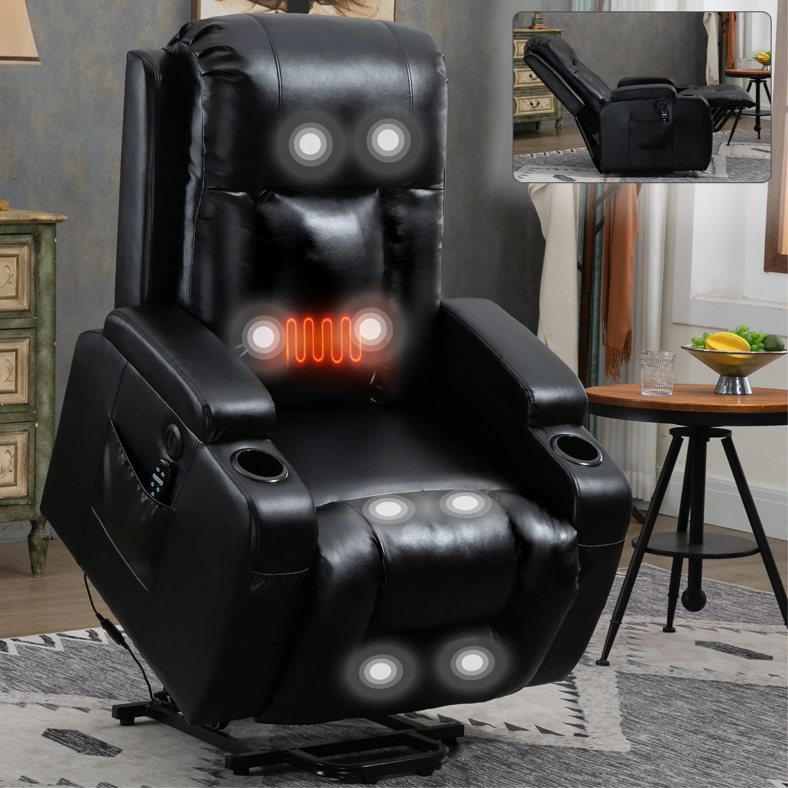 Heavy-Duty Power Lift Recliner with 8-Point Massage, Lumbar Heat Therapy, USB Charging, Dual Cup Holders, and Spacious Seating