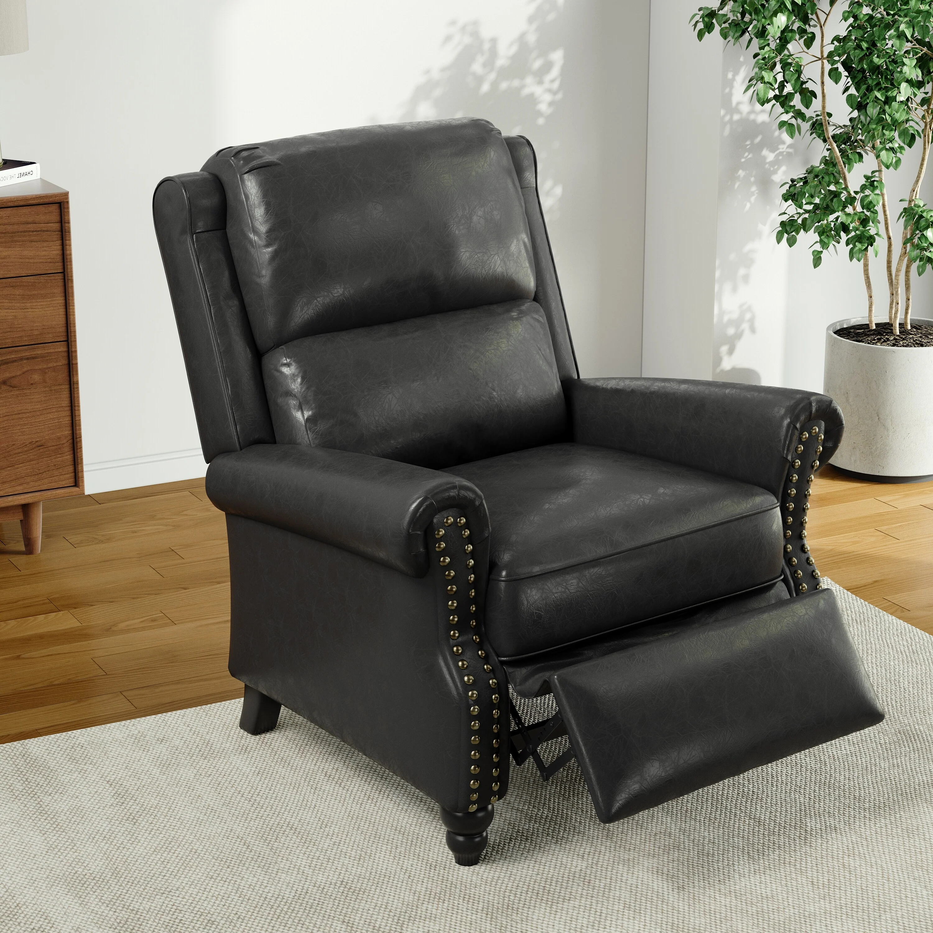 Alisa 35'' W Vegan Leather/ Linen Glider Push Back Recliner Chair