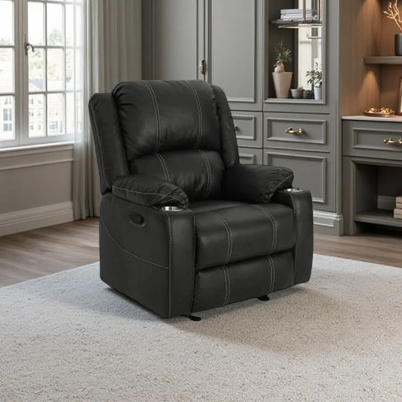 Modern Manual Recliner Chair with Plush PU Leather, Built-in Steel Cup Holders, and Adjustable Reclining