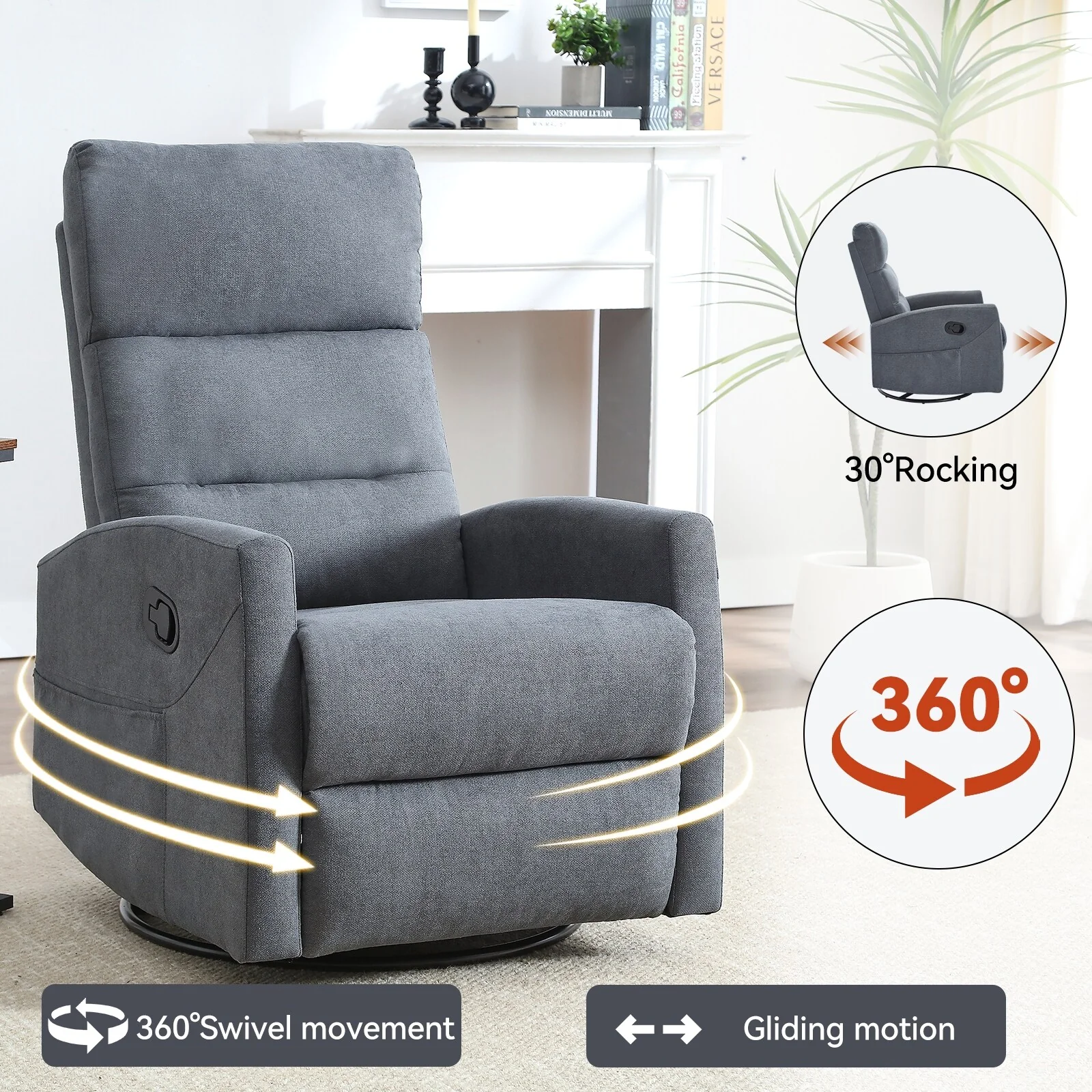 Manual Recliner Chair with Rocker and Swivel
