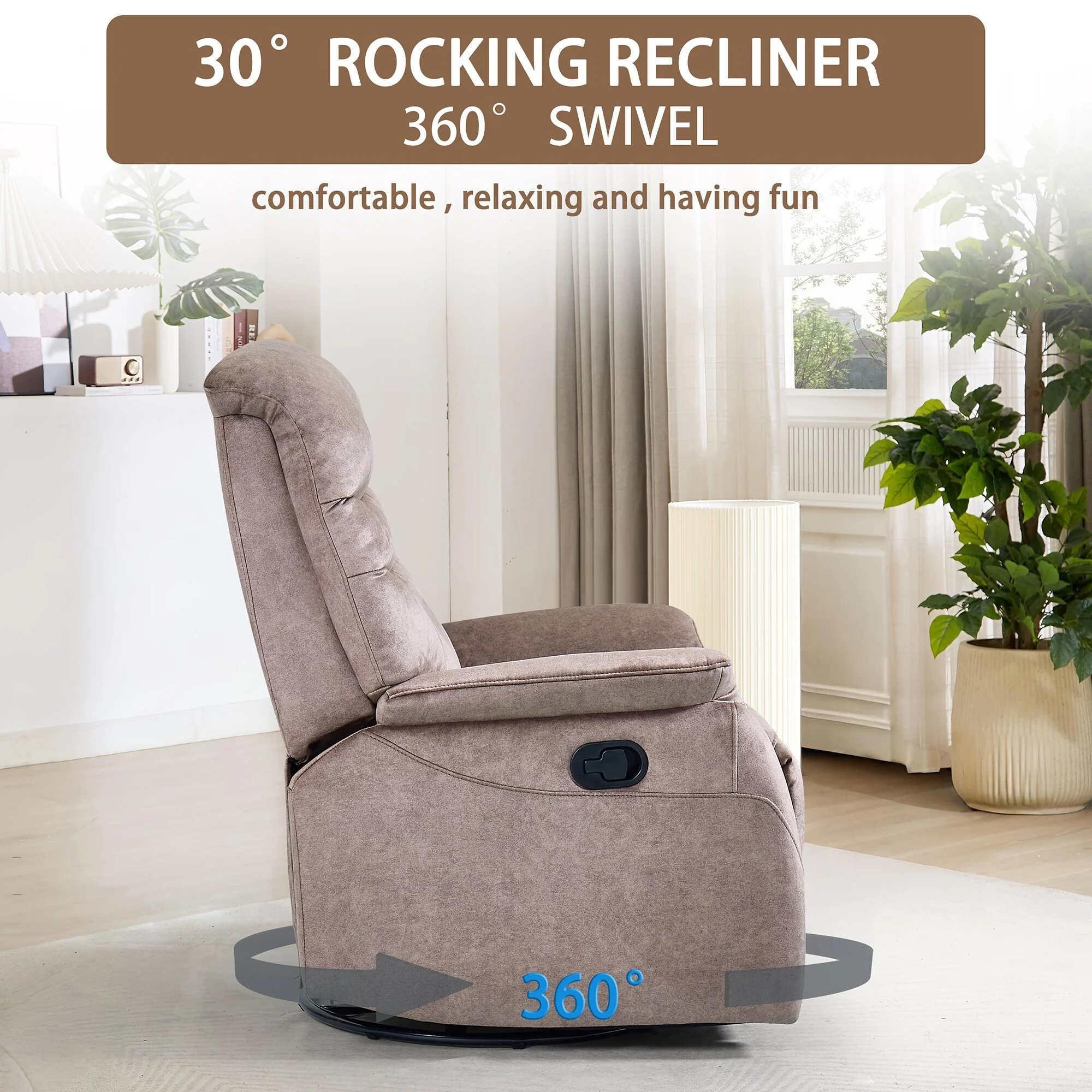 360�� Rocking Swivel Recliner Chair with Adjustable Backrest, Durable Fabric, Modern Reclining Sofa with Lumbar Support