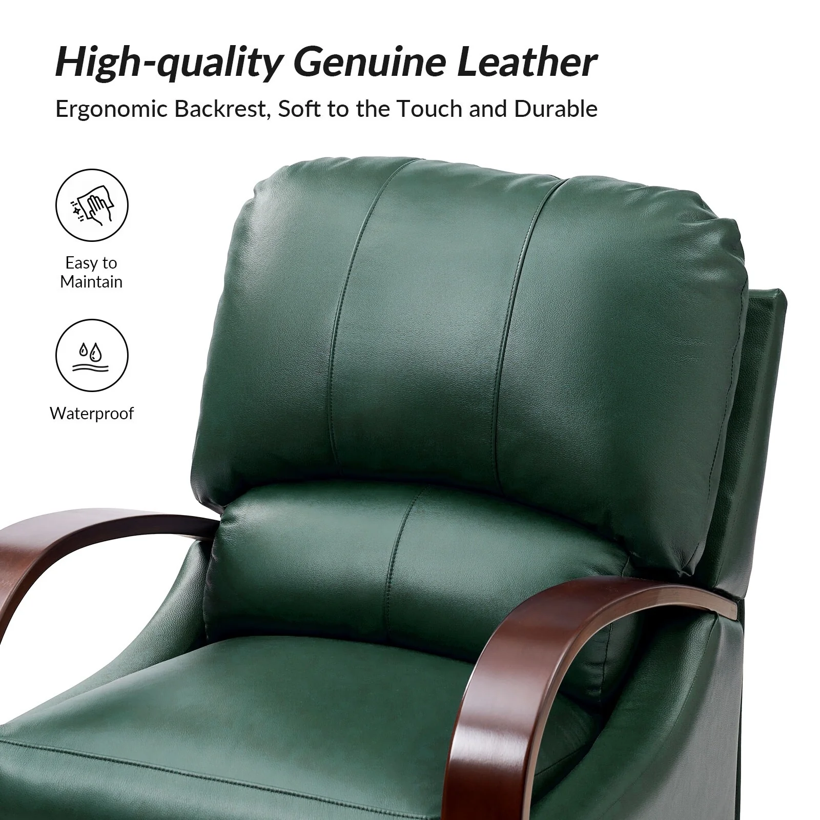 Alex Mid-century Modern Cigar Genuine Leather Manual Recliner with Wooden Curved Arms