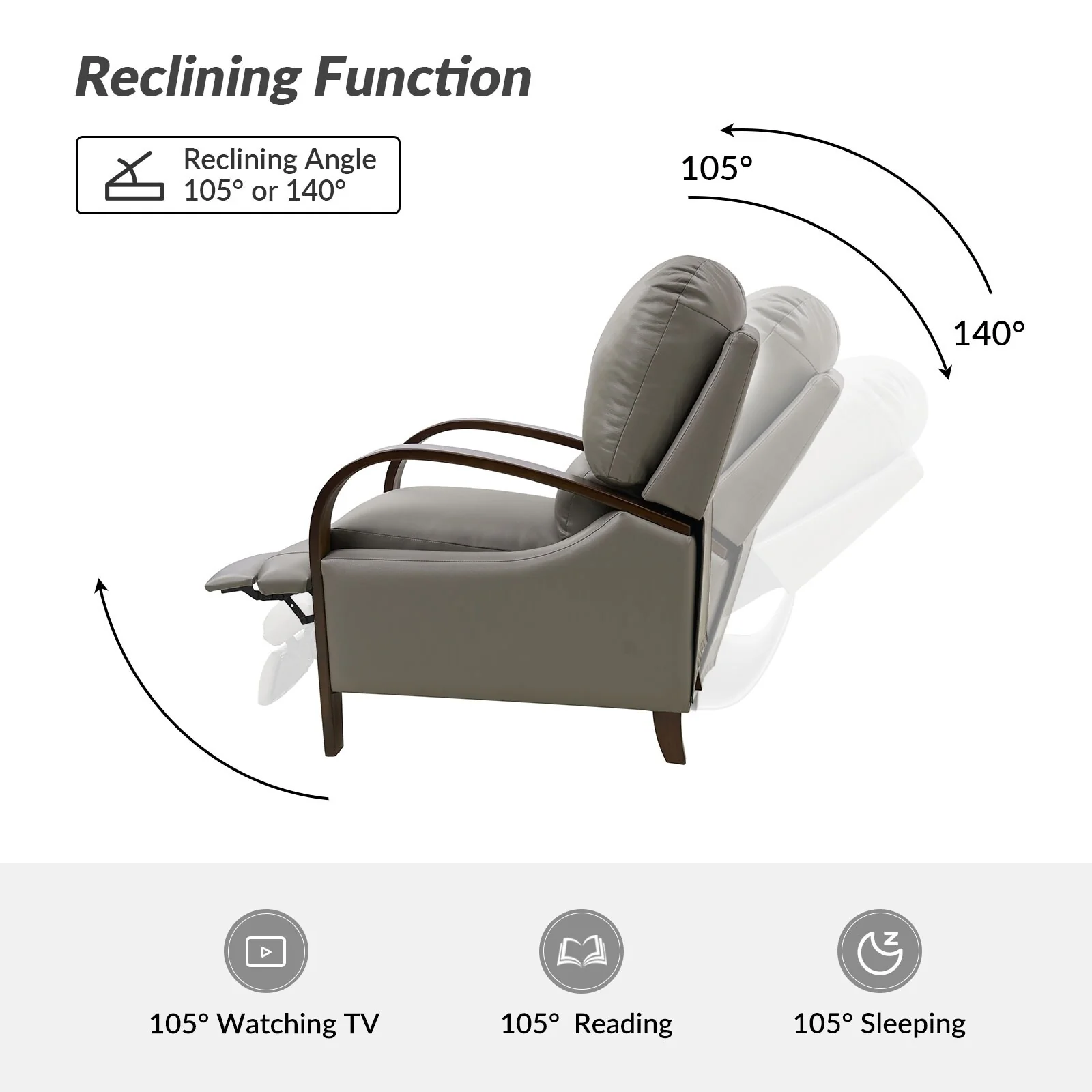 Alex Mid-century Modern Cigar Genuine Leather Manual Recliner with Wooden Curved Arms