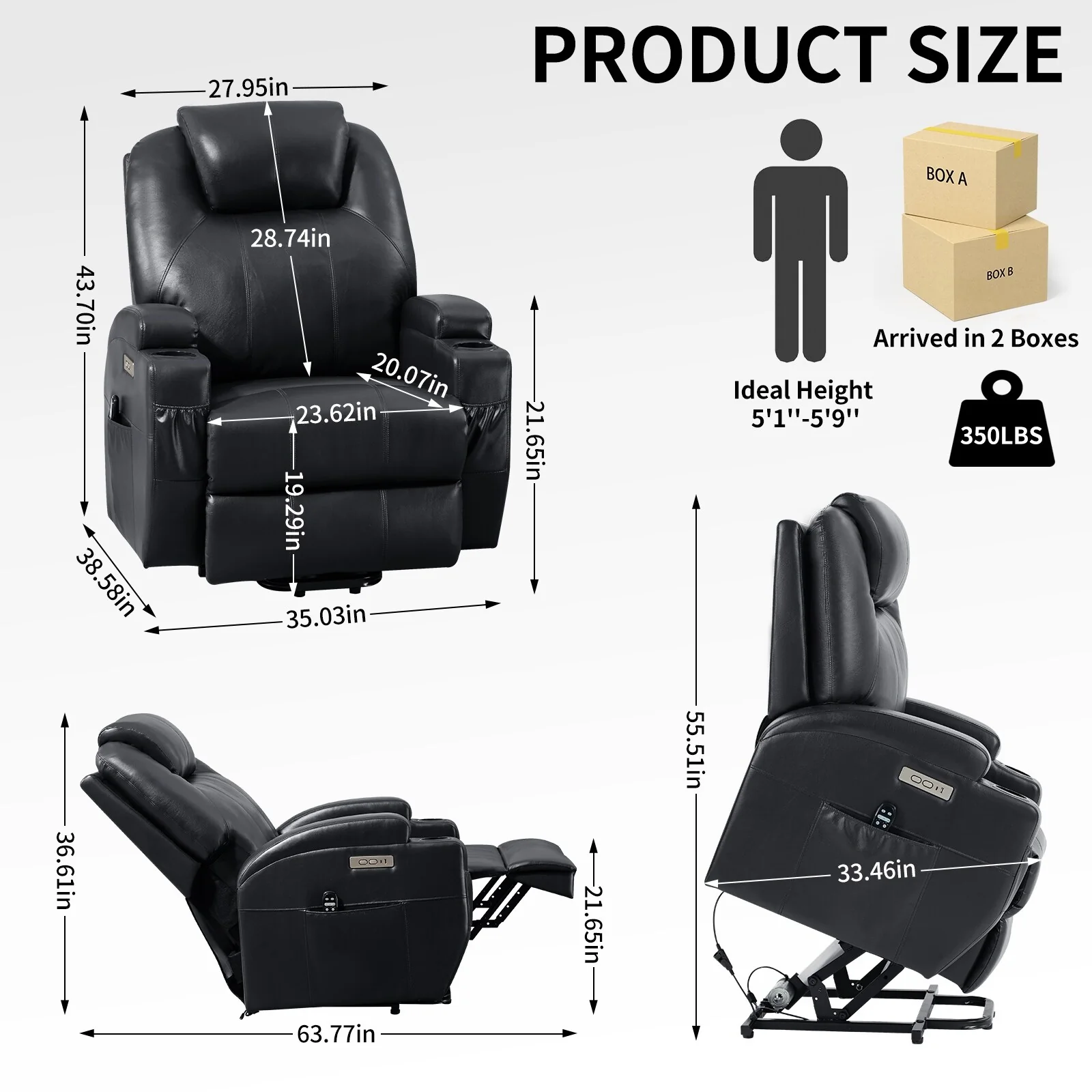 Black Power Lift Recliner featuring Okin Motor, 8-Point Vibration Massage, Lumbar Heating, Dual Cup Holders, and USB Ports