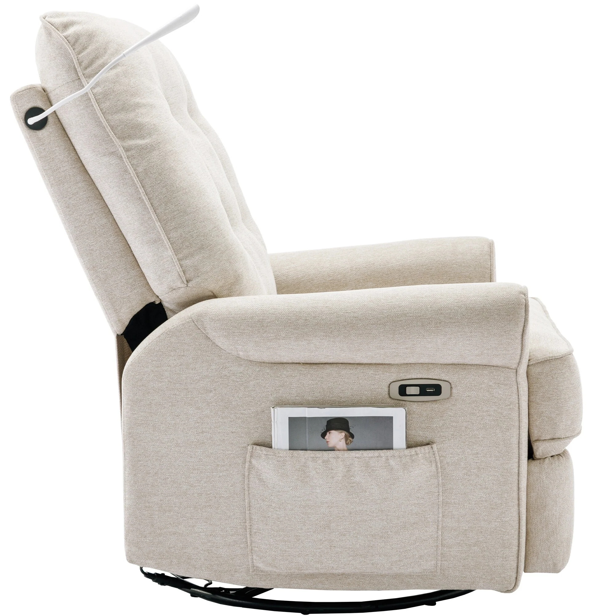 Beige 270�� Swivel Recliner with USB, Rocking Base, and Side Pocket