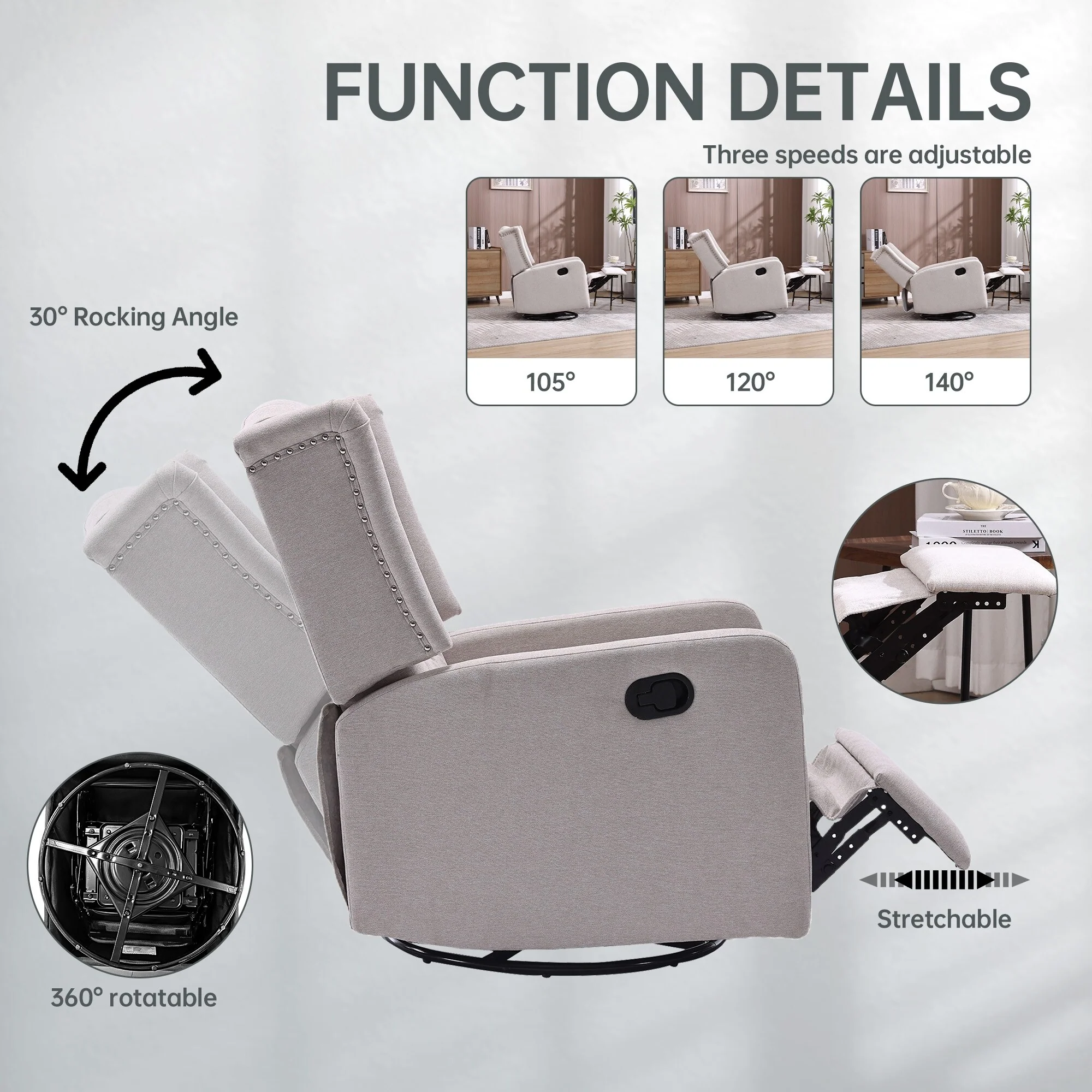 Swivel Recliner Rocking Lounge Chair with Footrest, Glider Motion, and Ergonomic Design